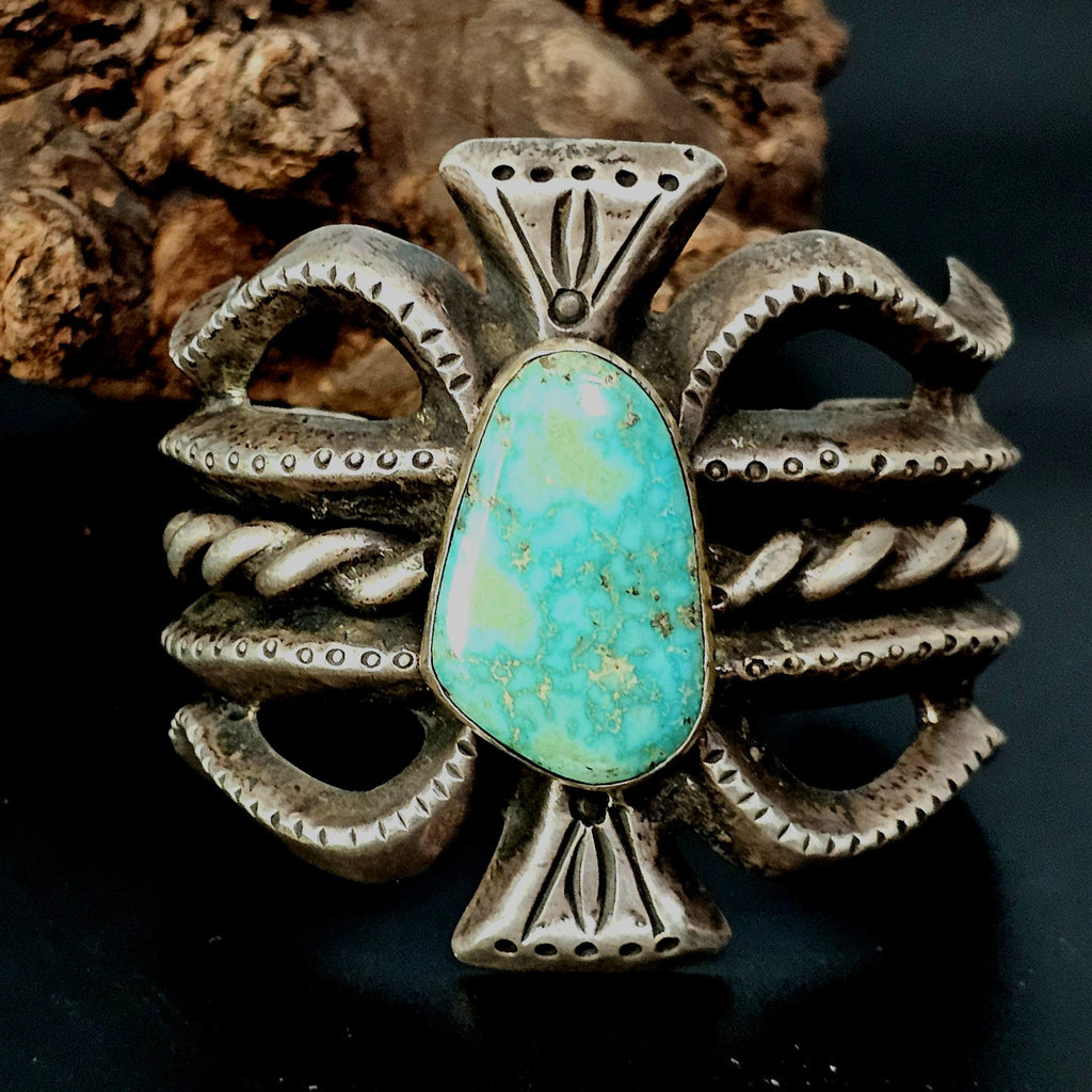 Vintage Cast Silver Turquoise Cuff - Native Bracelet Old Pawn 6 3/4" wrist  JB  89