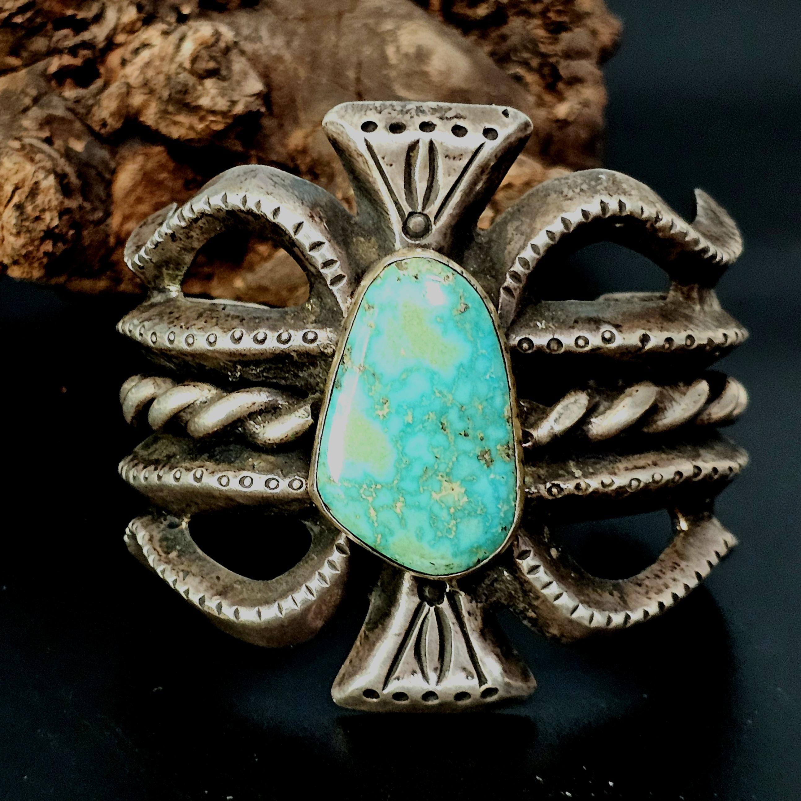 Vintage Cast Silver Turquoise Cuff - Native Bracelet Old Pawn 6 3/4" wrist  JB  89