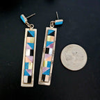 Zuni Multi Color Inlay Native Earrings Old Pawn 2 3/4"  JE 611