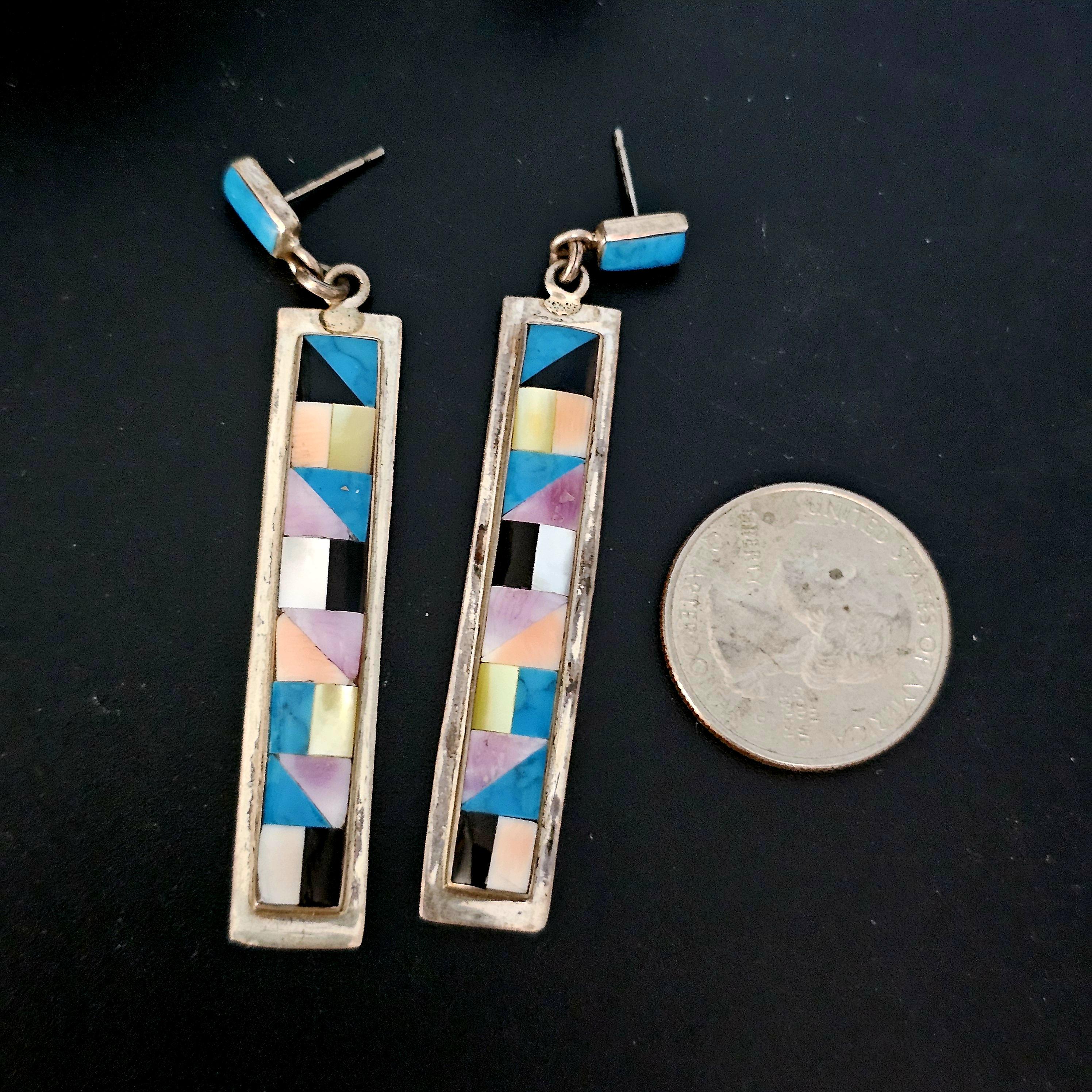 Zuni Multi Color Inlay Native Earrings Old Pawn 2 3/4"  JE 611