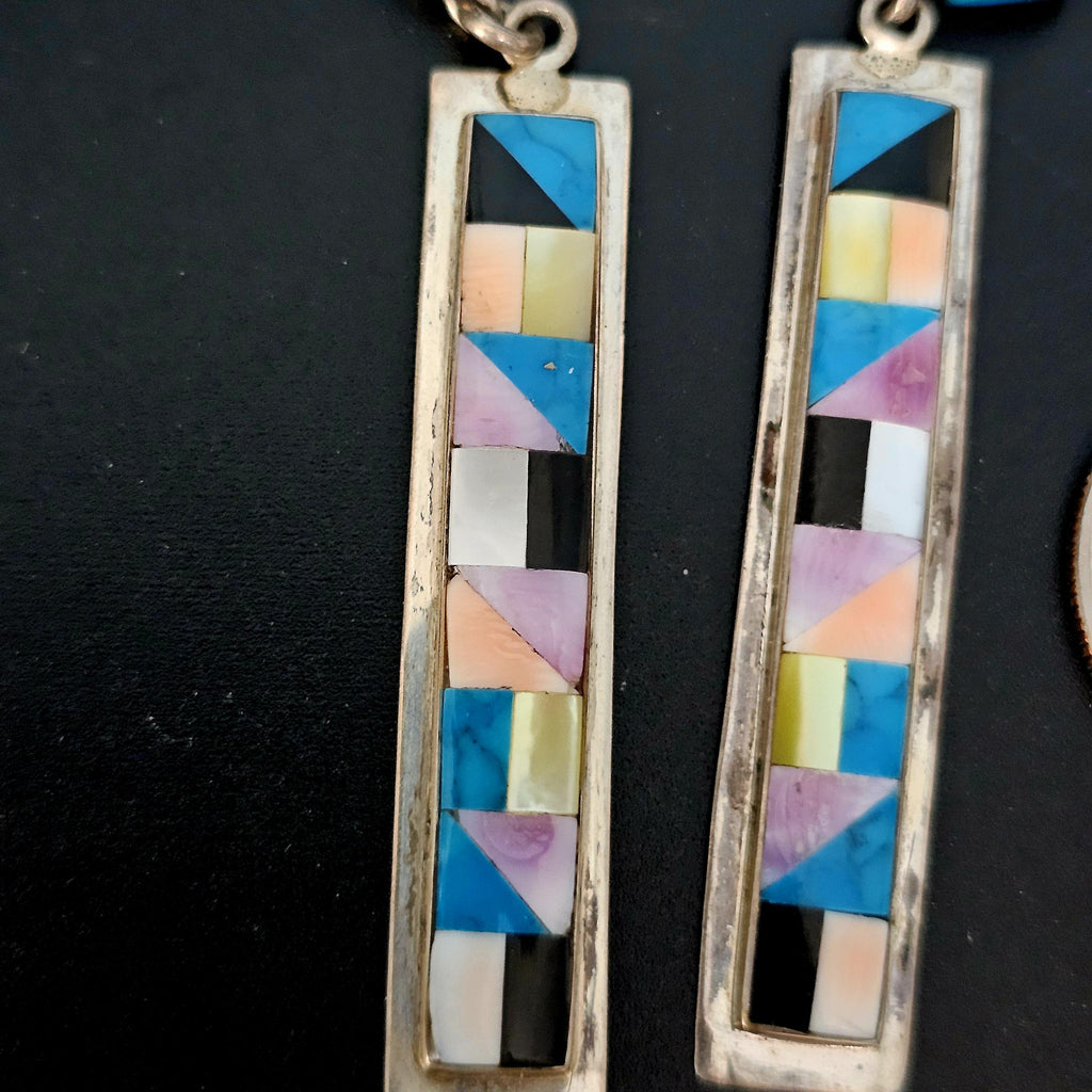 Zuni Multi Color Inlay Native Earrings Old Pawn 2 3/4"  JE 611