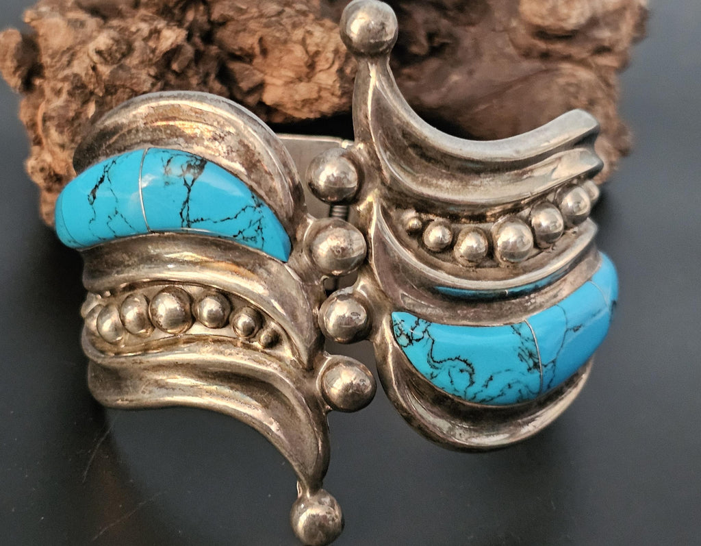 Dramatic Hinged Turquoise Sterling Vintage Native Silver Cuff 7"  JB 196