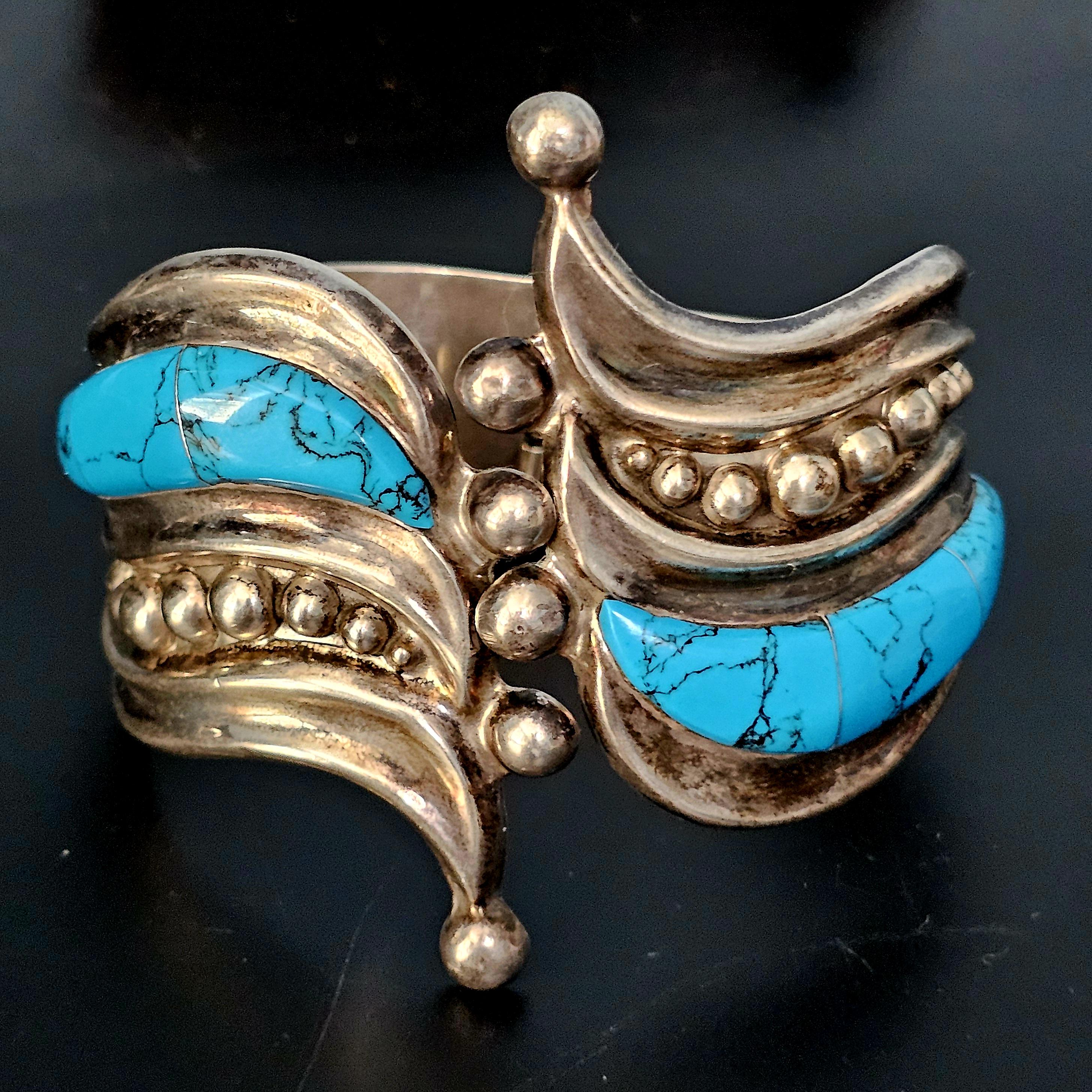 Dramatic Hinged Turquoise Sterling Vintage Native Silver Cuff 7"  JB 196