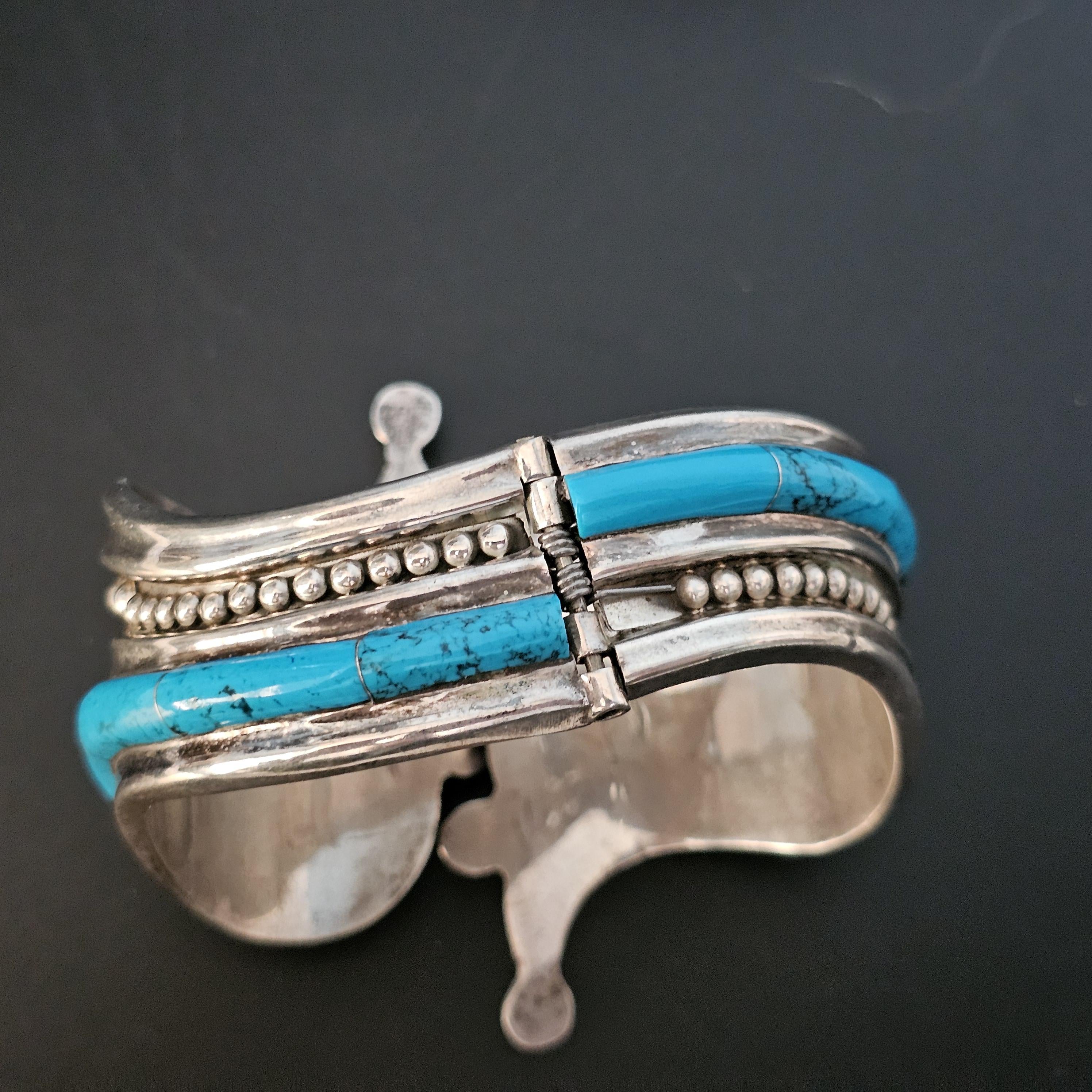 Dramatic Hinged Turquoise Sterling Vintage Native Silver Cuff 7"  JB 196