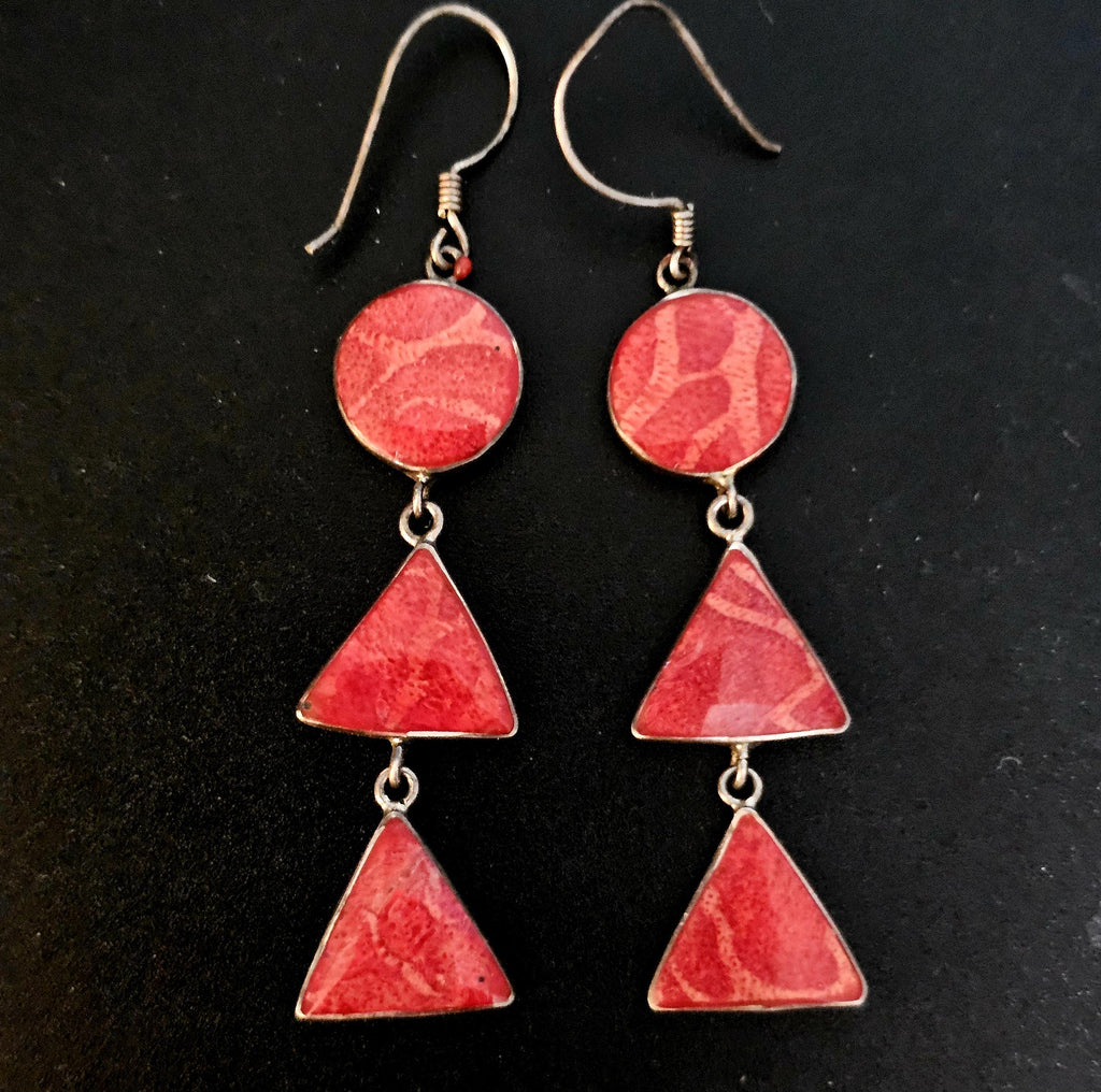 Red Agate 2 1/2" Silver Vintage Earrings JE 599