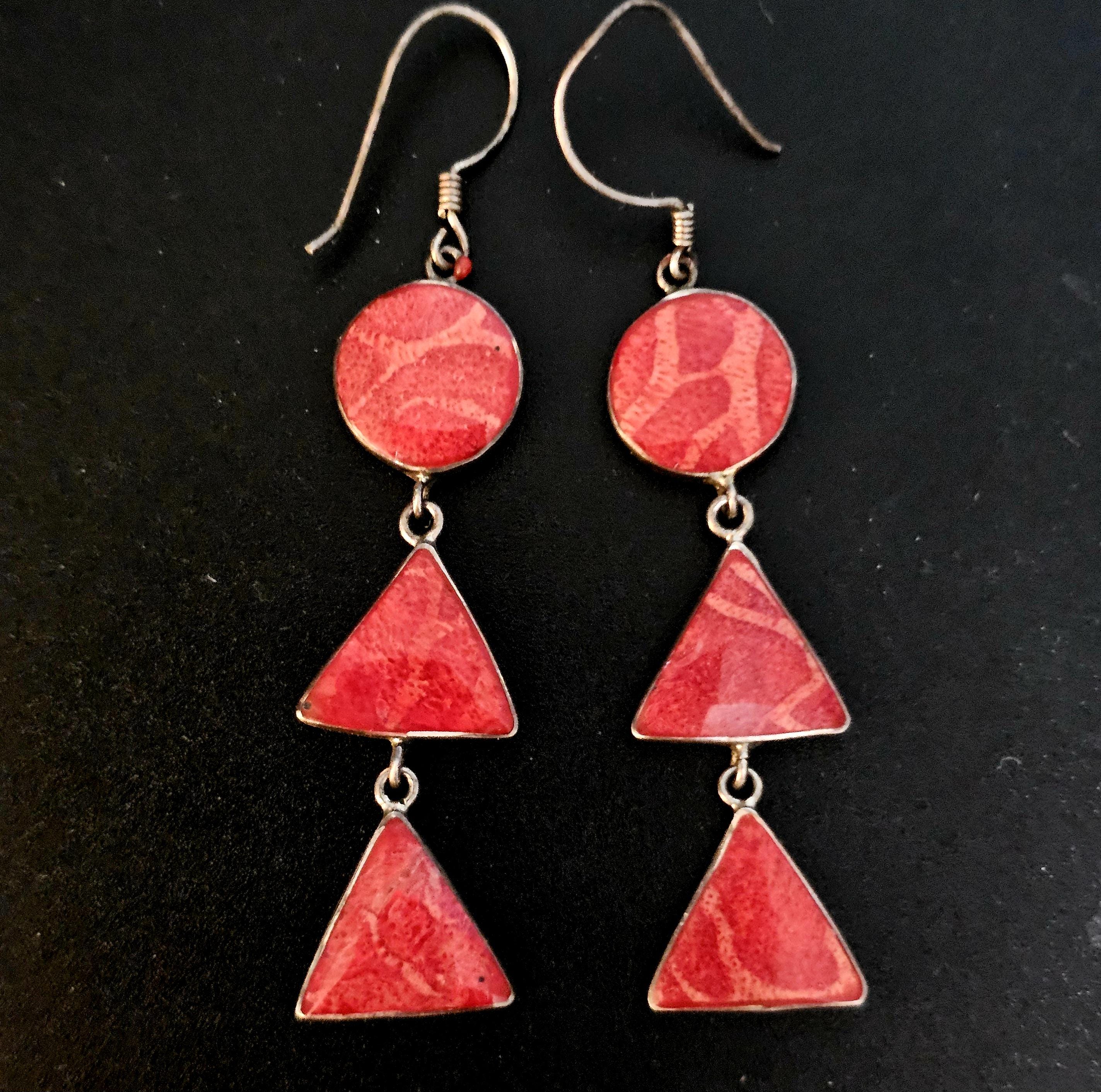 Red Agate 2 1/2" Silver Vintage Earrings JE 599