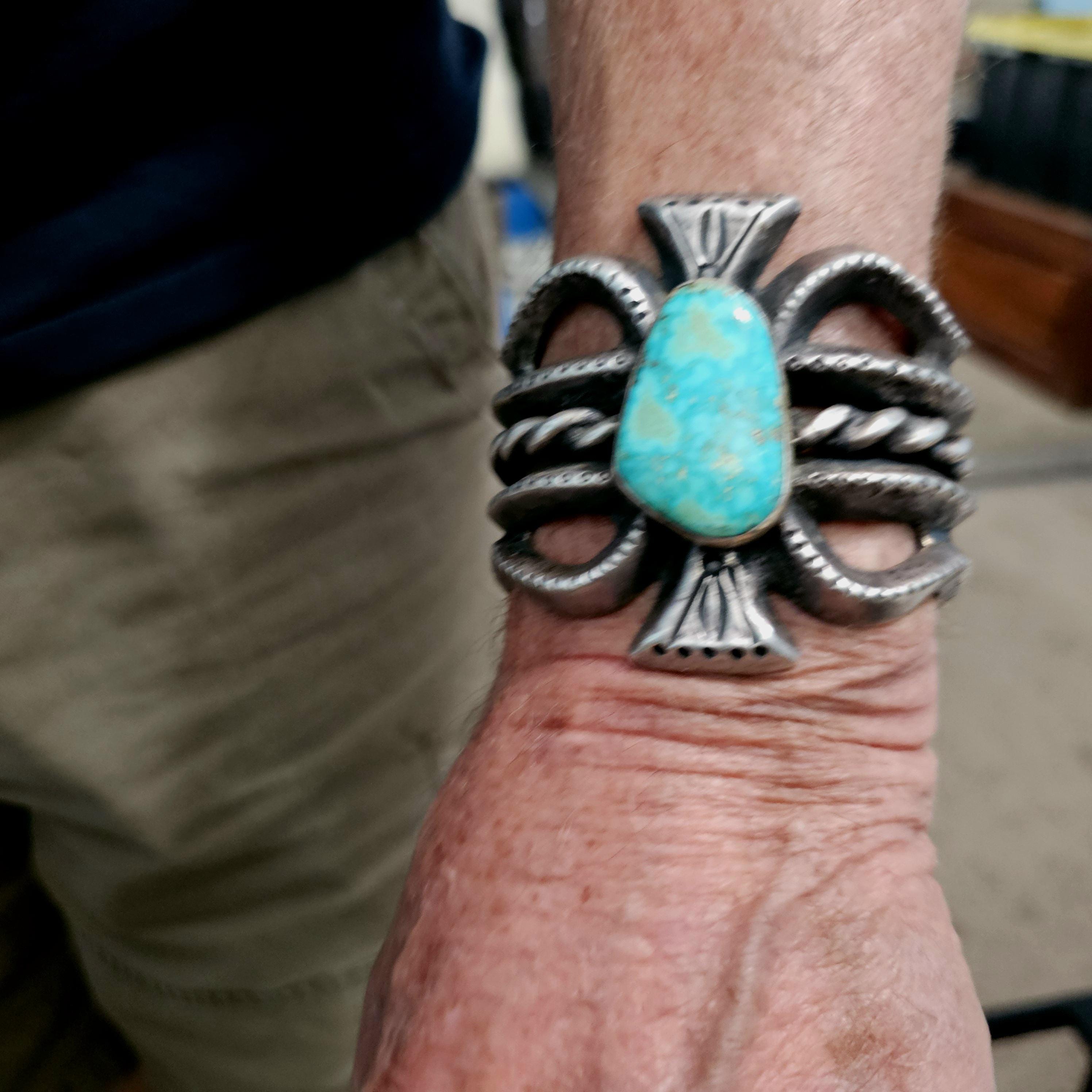 Vintage Cast Silver Turquoise Cuff - Native Bracelet Old Pawn 6 3/4" wrist  JB  153