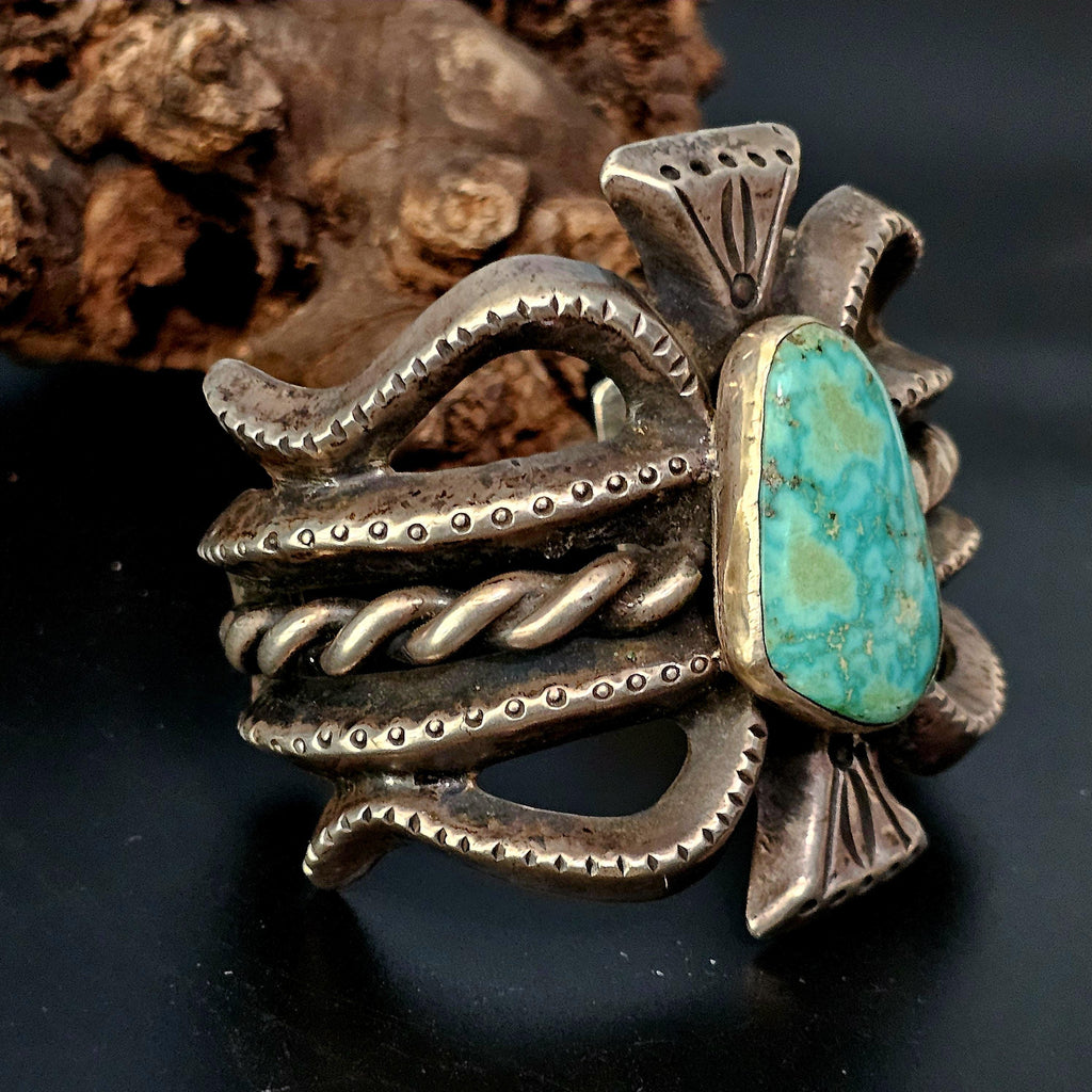 Vintage Cast Silver Turquoise Cuff - Native Bracelet Old Pawn 6 3/4" wrist  JB  153