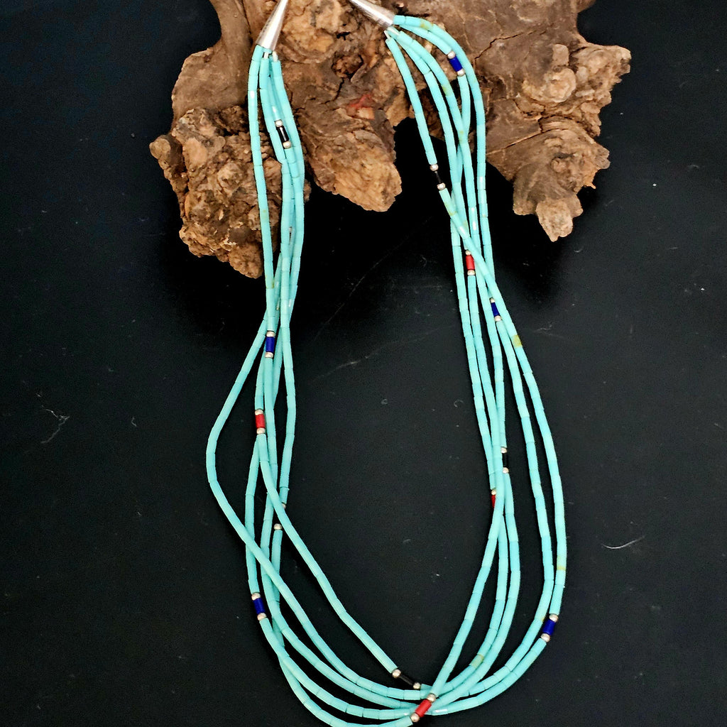 5 Strand Turquoise Heishi Necklace Old Pawn Sterling. C1970s JN 763