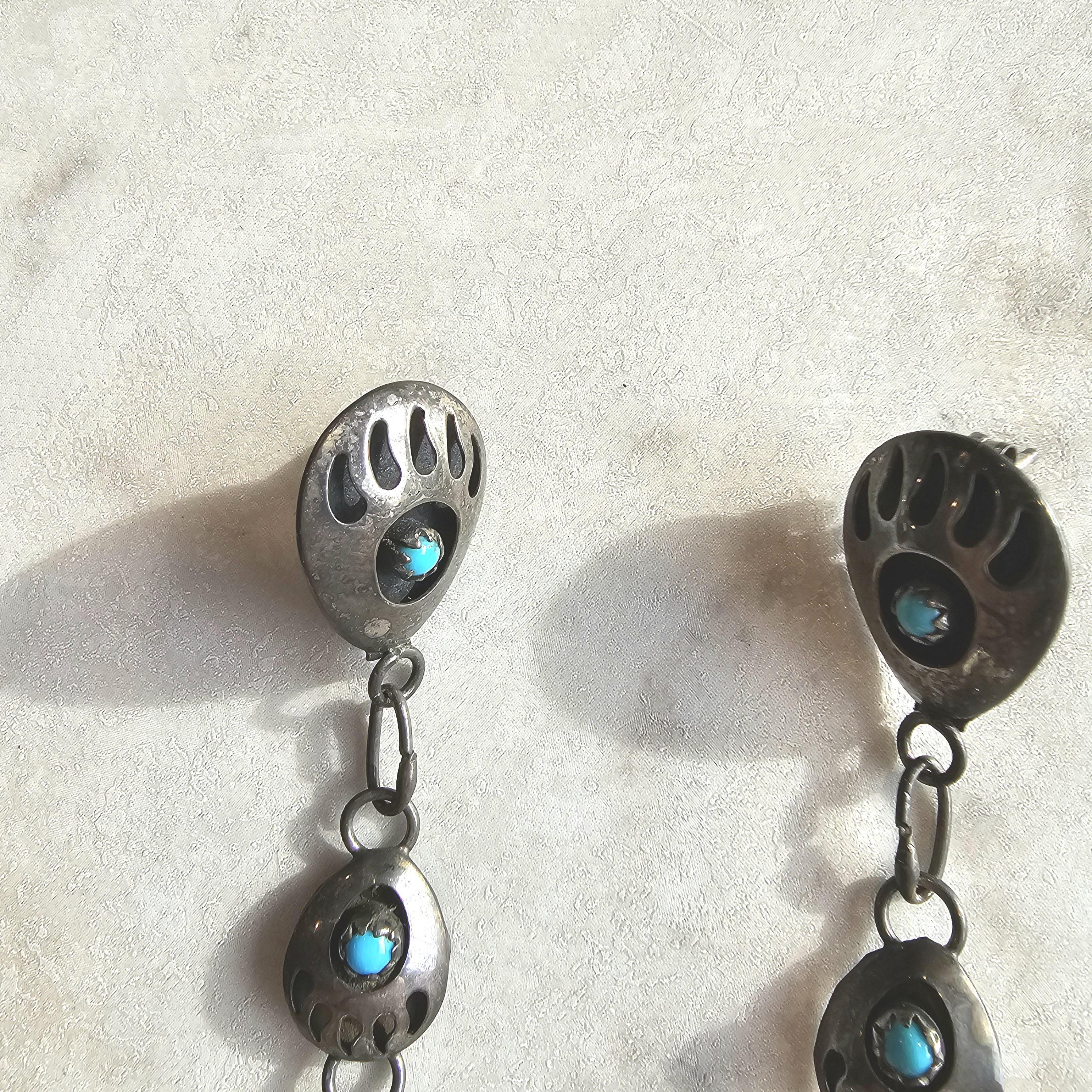 4 1/2" Long Vintage Native Turquoise Bear Paw & Feathers Earrings Old Pawn  JE 615