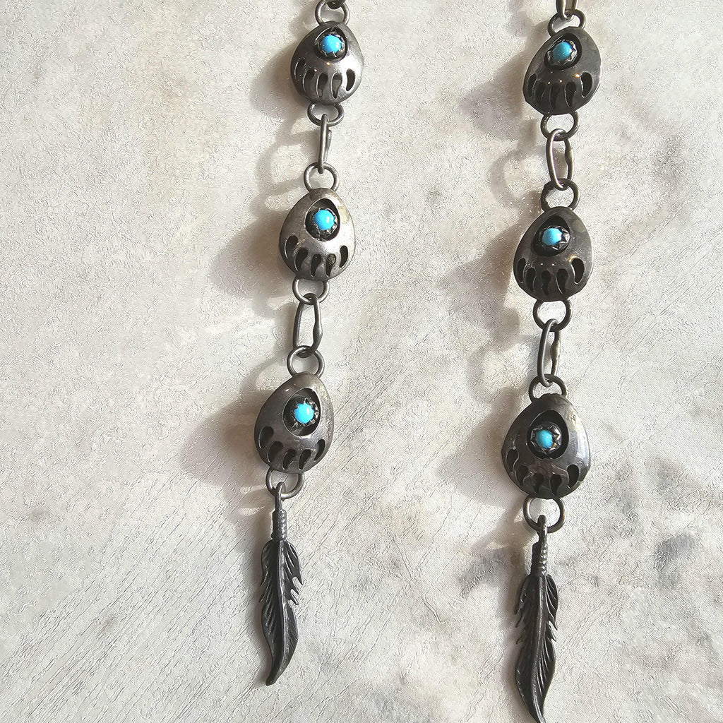 4 1/2" Long Vintage Native Turquoise Bear Paw & Feathers Earrings Old Pawn  JE 615