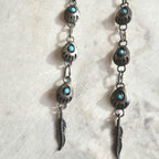 4 1/2" Long Vintage Native Turquoise Bear Paw & Feathers Earrings Old Pawn  JE 615