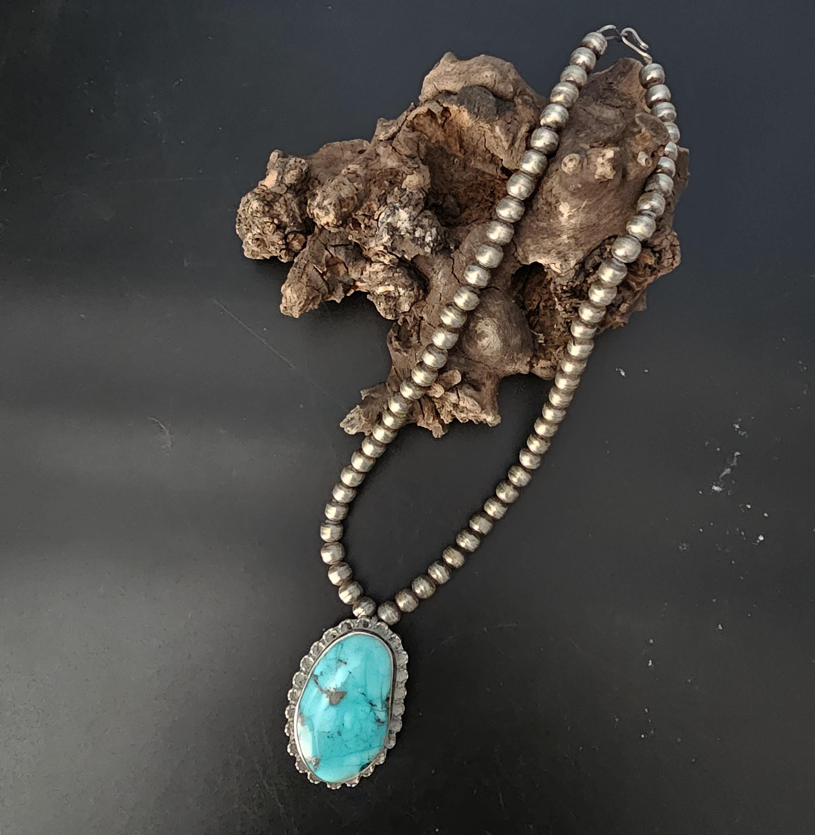 Vintage Necklace with Blue Turquoise Navajo Pearls Old Pawn Sterling. C1950s. JN 773