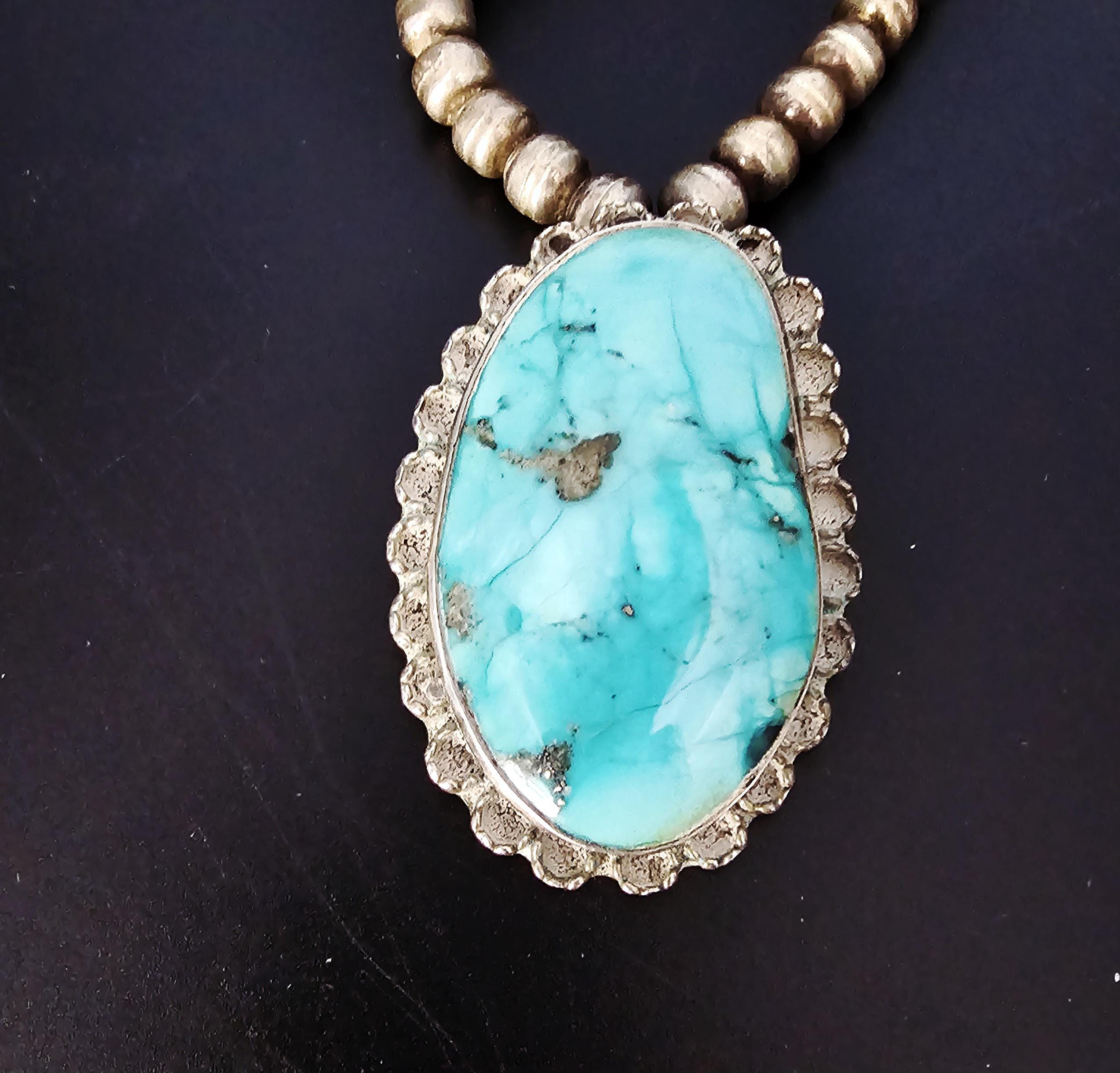 Vintage Necklace with Blue Turquoise Navajo Pearls Old Pawn Sterling. C1950s. JN 773
