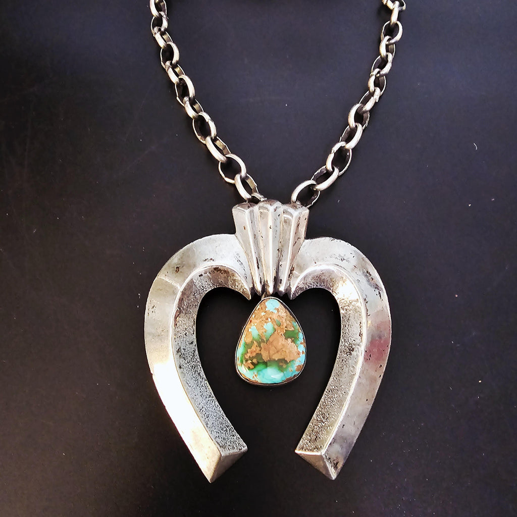 Turquoise and Cast Silver Naja Vintage Silver Chain Old Pawn JN 771