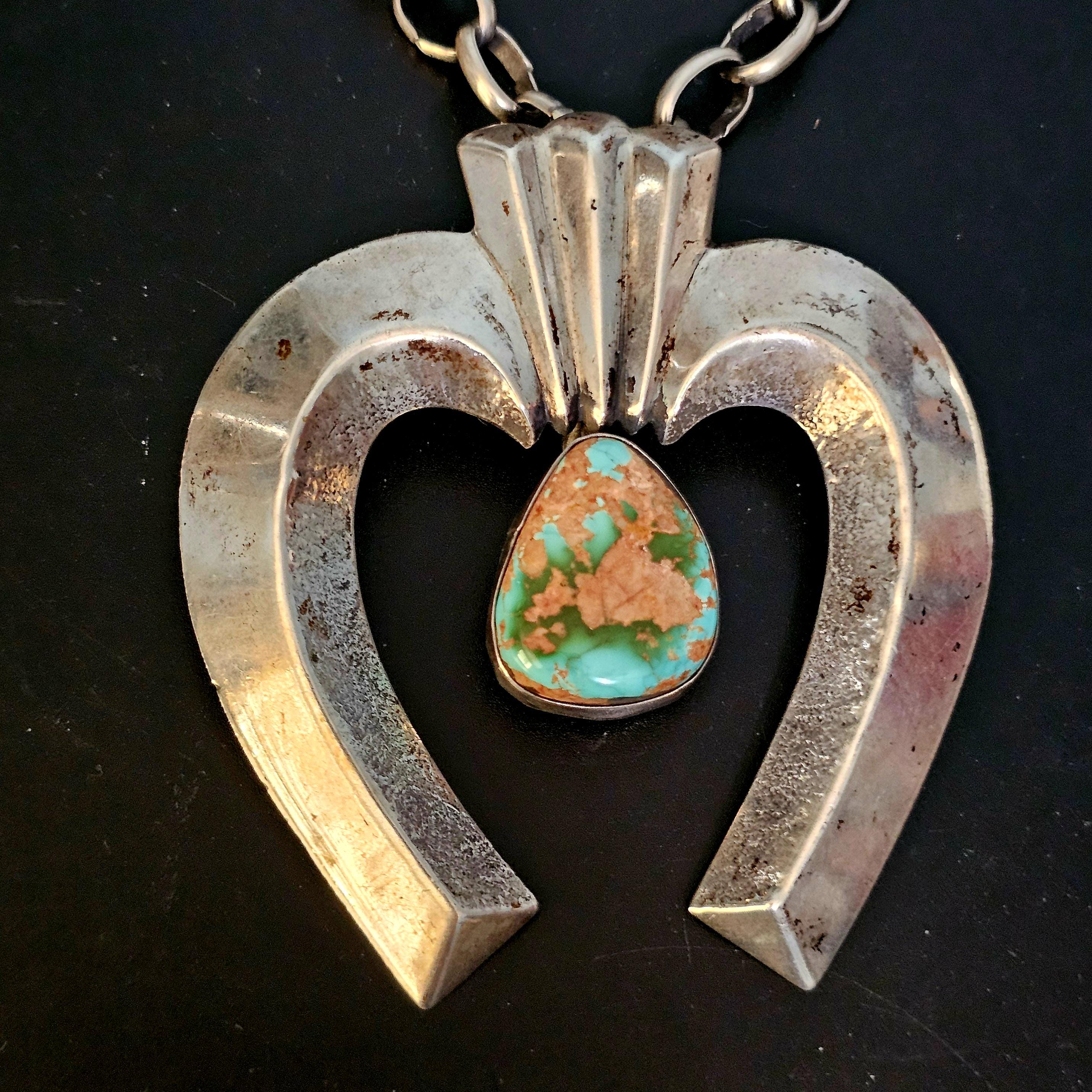 Turquoise and Cast Silver Naja Vintage Silver Chain Old Pawn JN 771