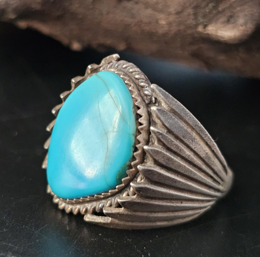 Blue Turquoise Silver Wings Vintage Sterling Native Man Ring Size 13 Old Pawn JR 427