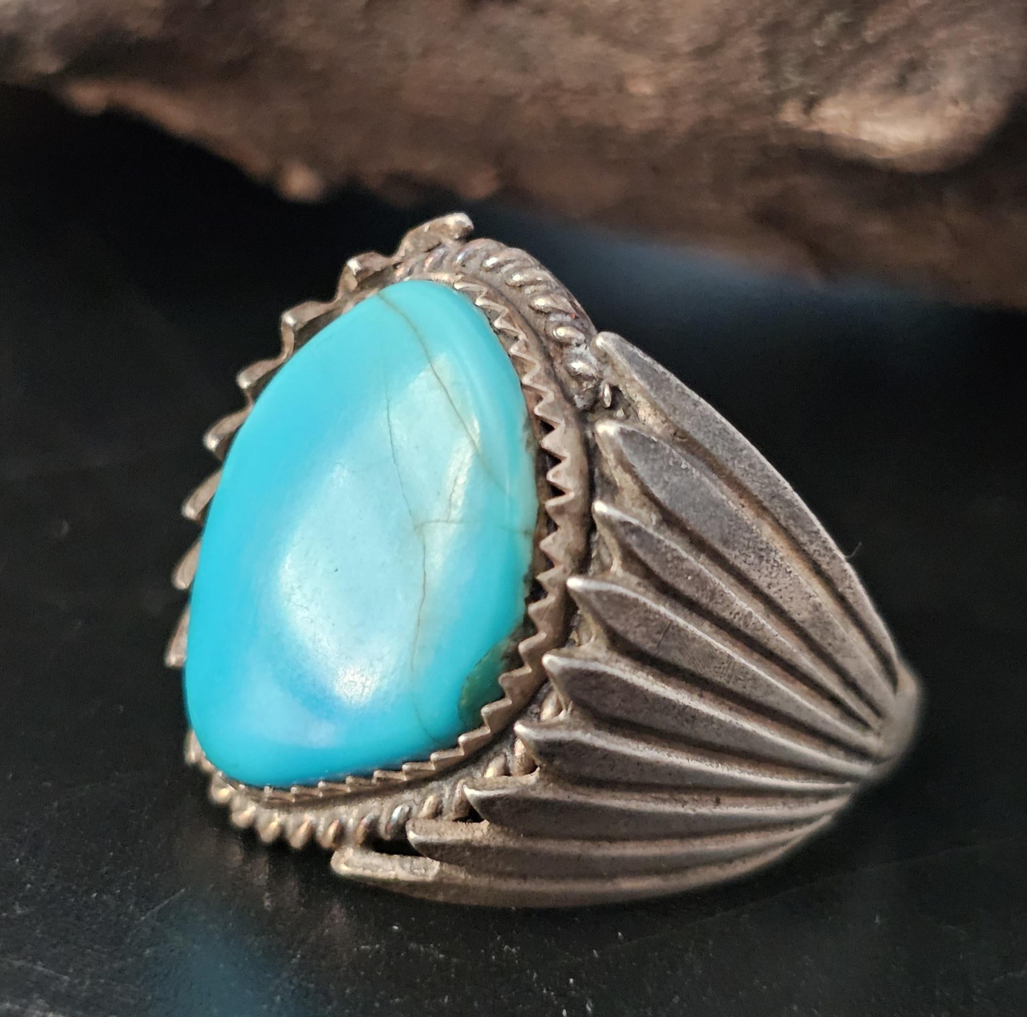 Blue Turquoise Silver Wings Vintage Sterling Native Man Ring Size 13 Old Pawn JR 427
