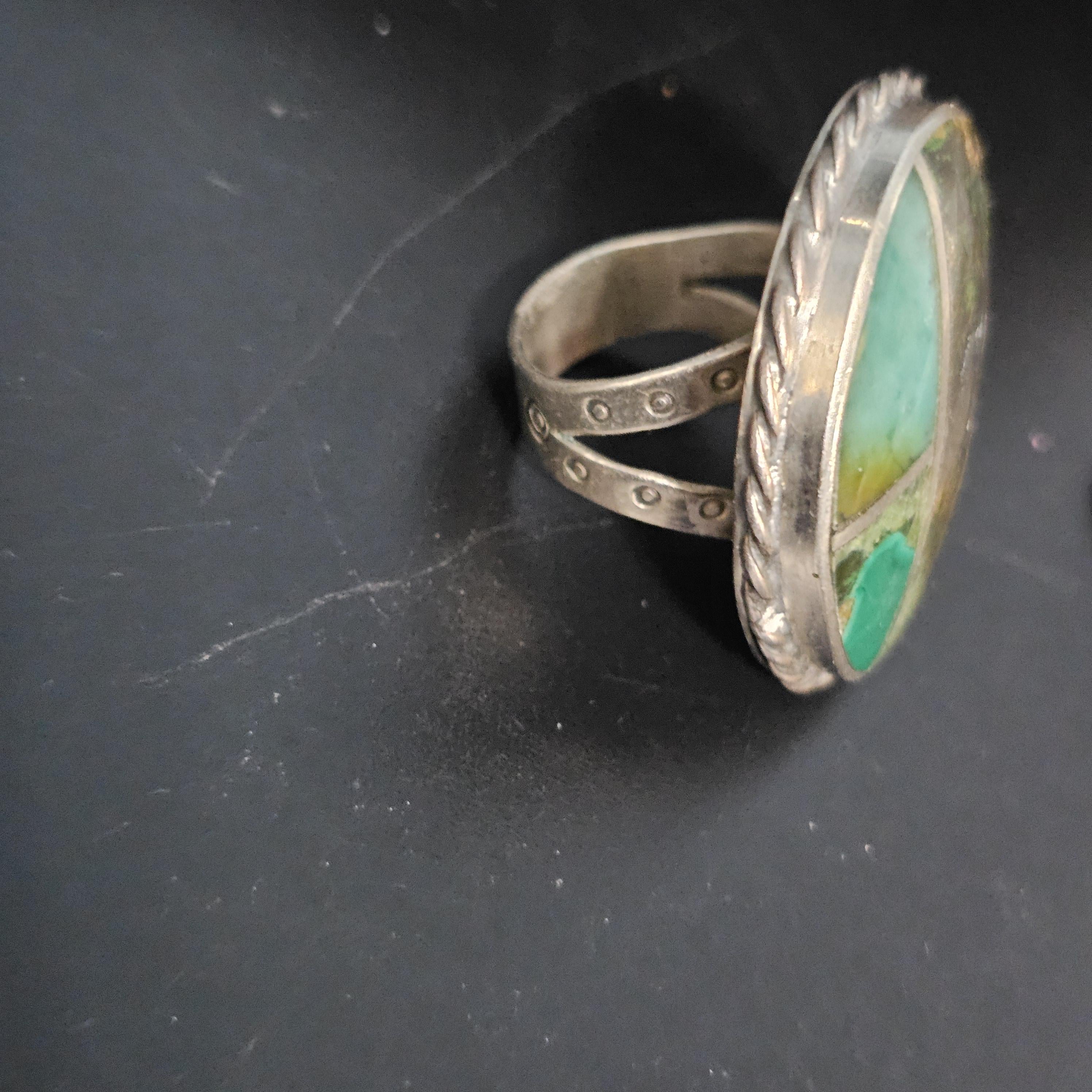 Inlay Green Turquoise Vintage Statement Ring Sterling Native Size 9 Old Pawn JR 417