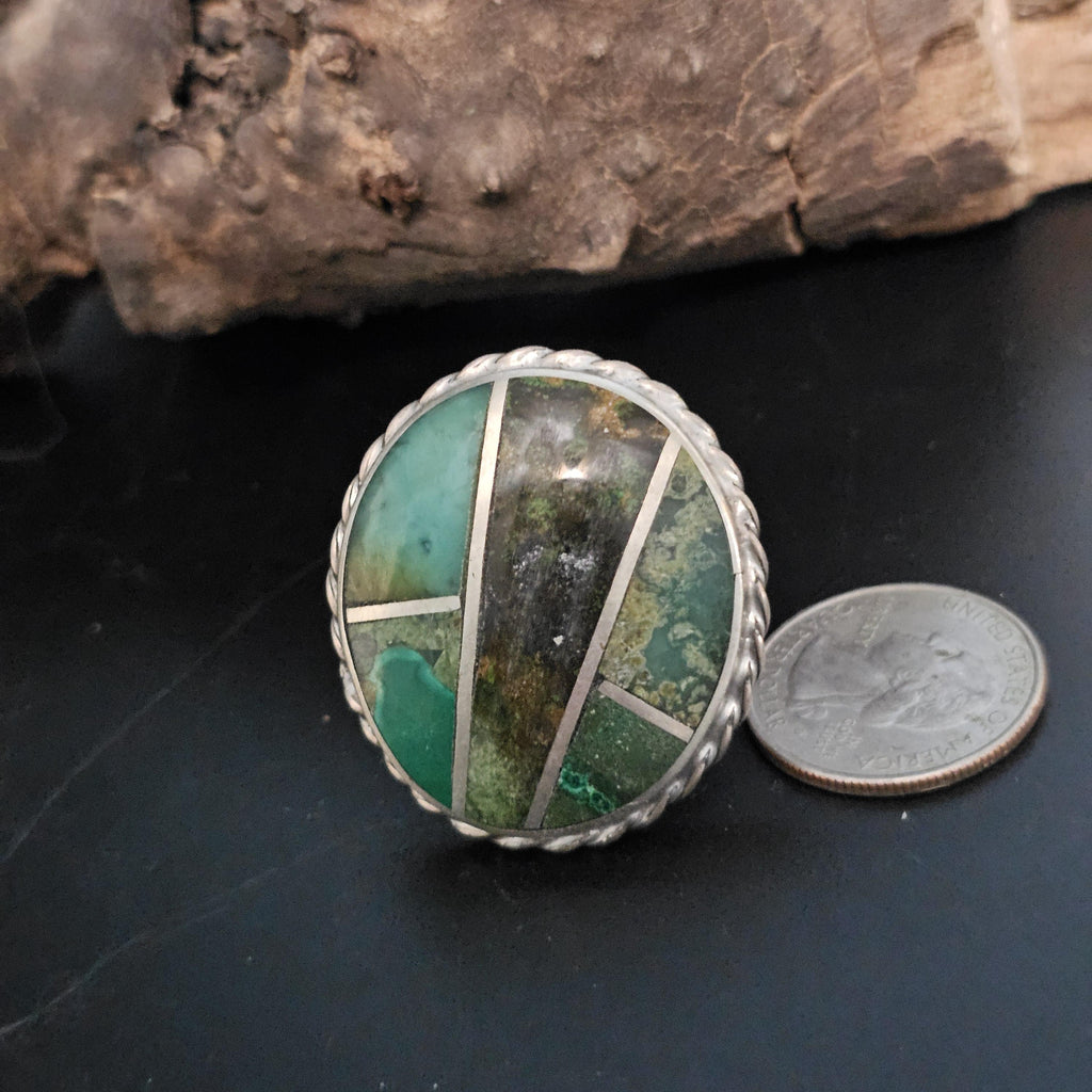 Inlay Green Turquoise Vintage Statement Ring Sterling Native Size 9 Old Pawn JR 417