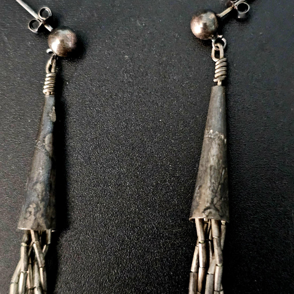 Silver Rain & Turquoise Vintage  Dangle Earrings Native Old Pawn. # JE 616