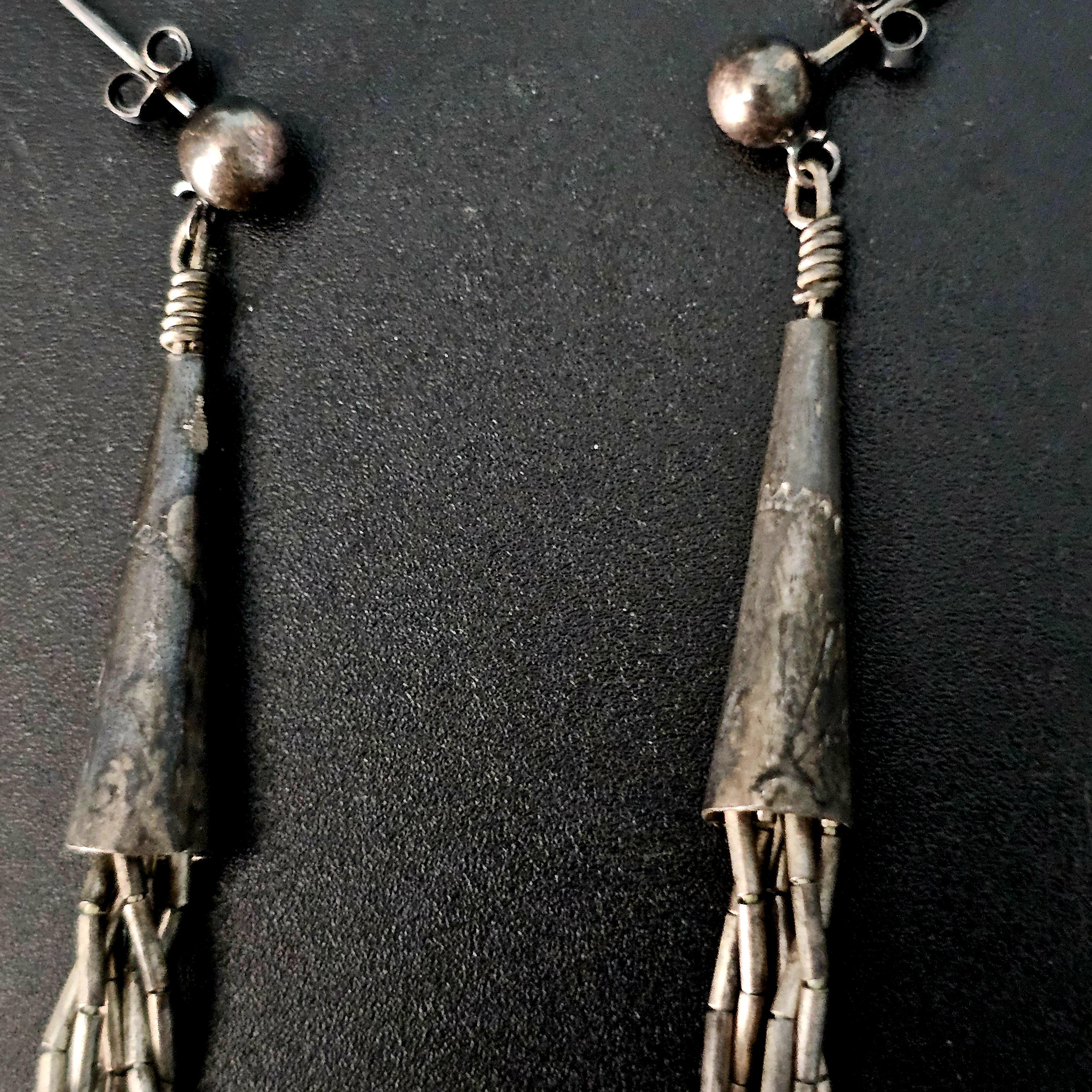 Silver Rain & Turquoise Vintage  Dangle Earrings Native Old Pawn. # JE 616