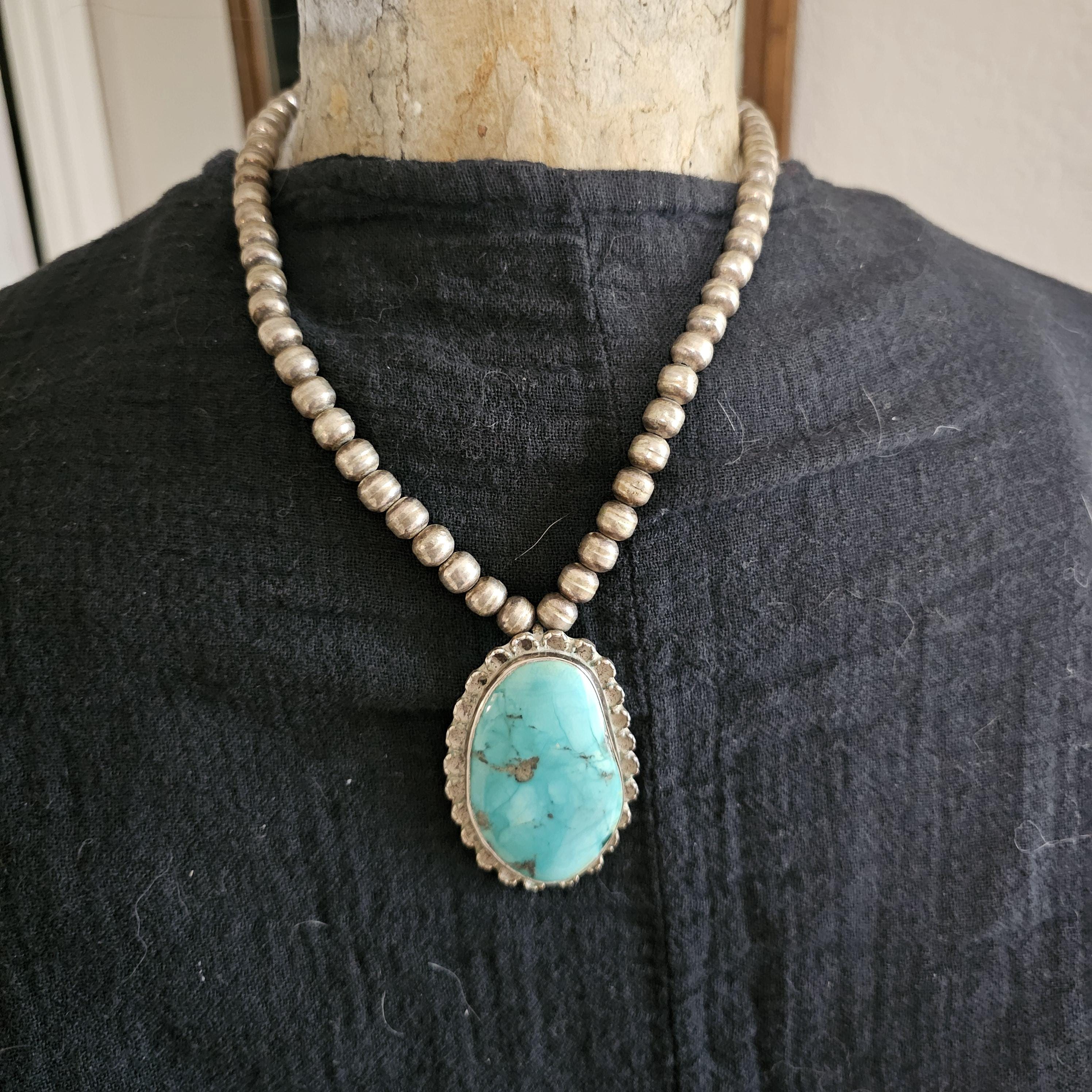 Vintage Necklace with Blue Turquoise Navajo Pearls Old Pawn Sterling. C1950s. JN 773