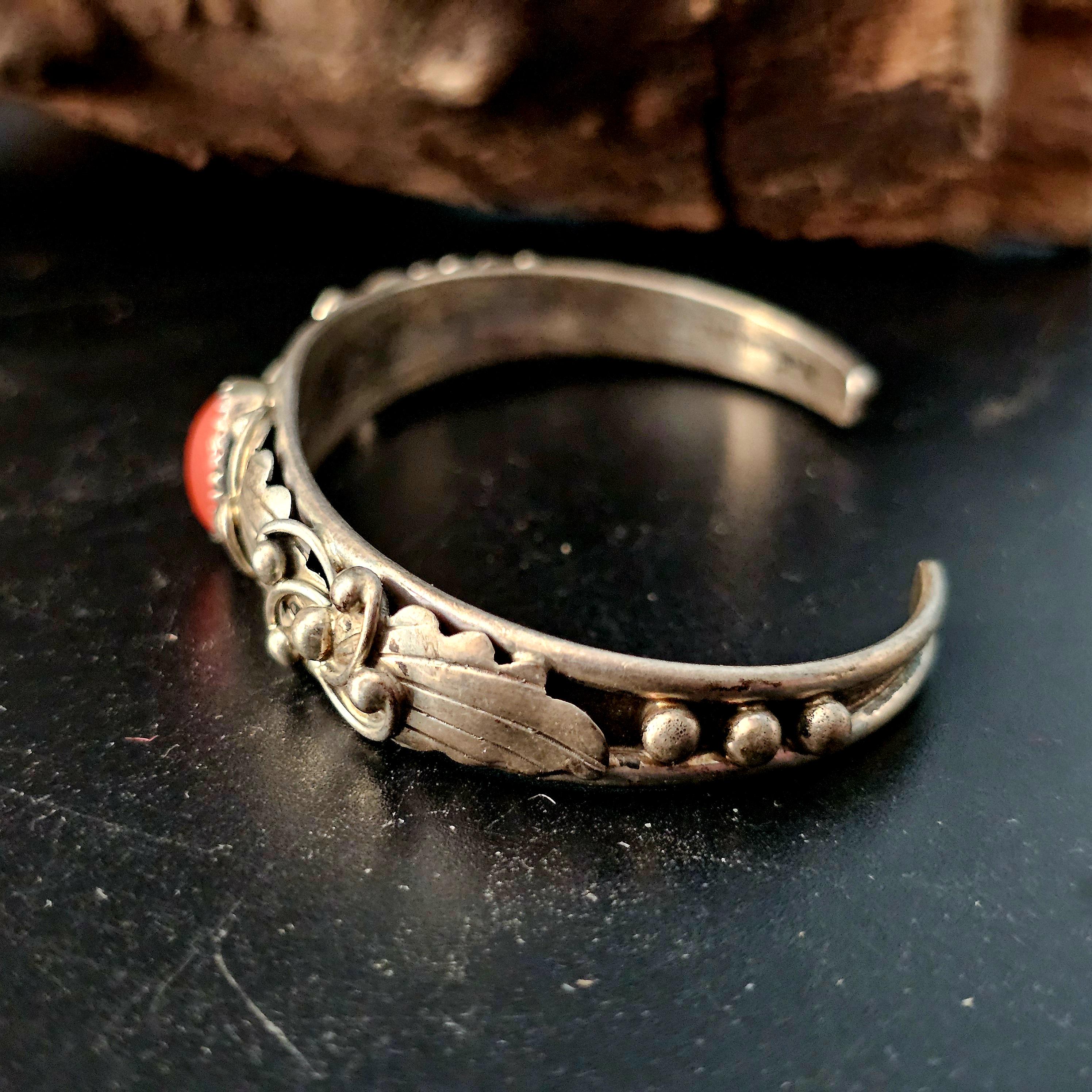 Silver Coral Vintage Cuff Bracelet Native American fits a 6 1/4" wrist. JB 211