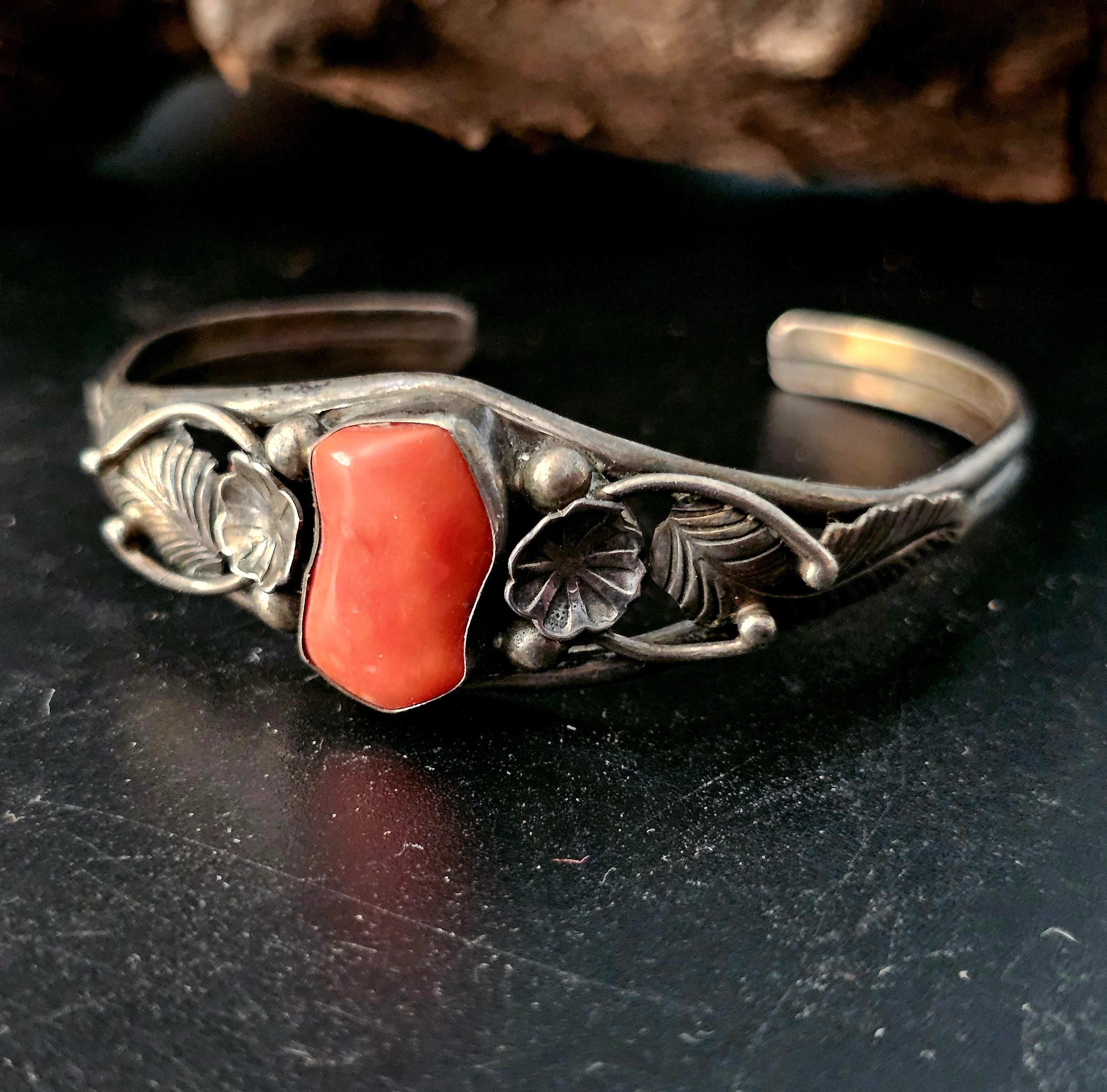Coral and Silver Vintage Cuff Bracelet Native American fits a 6 1/4" wrist. JB 210