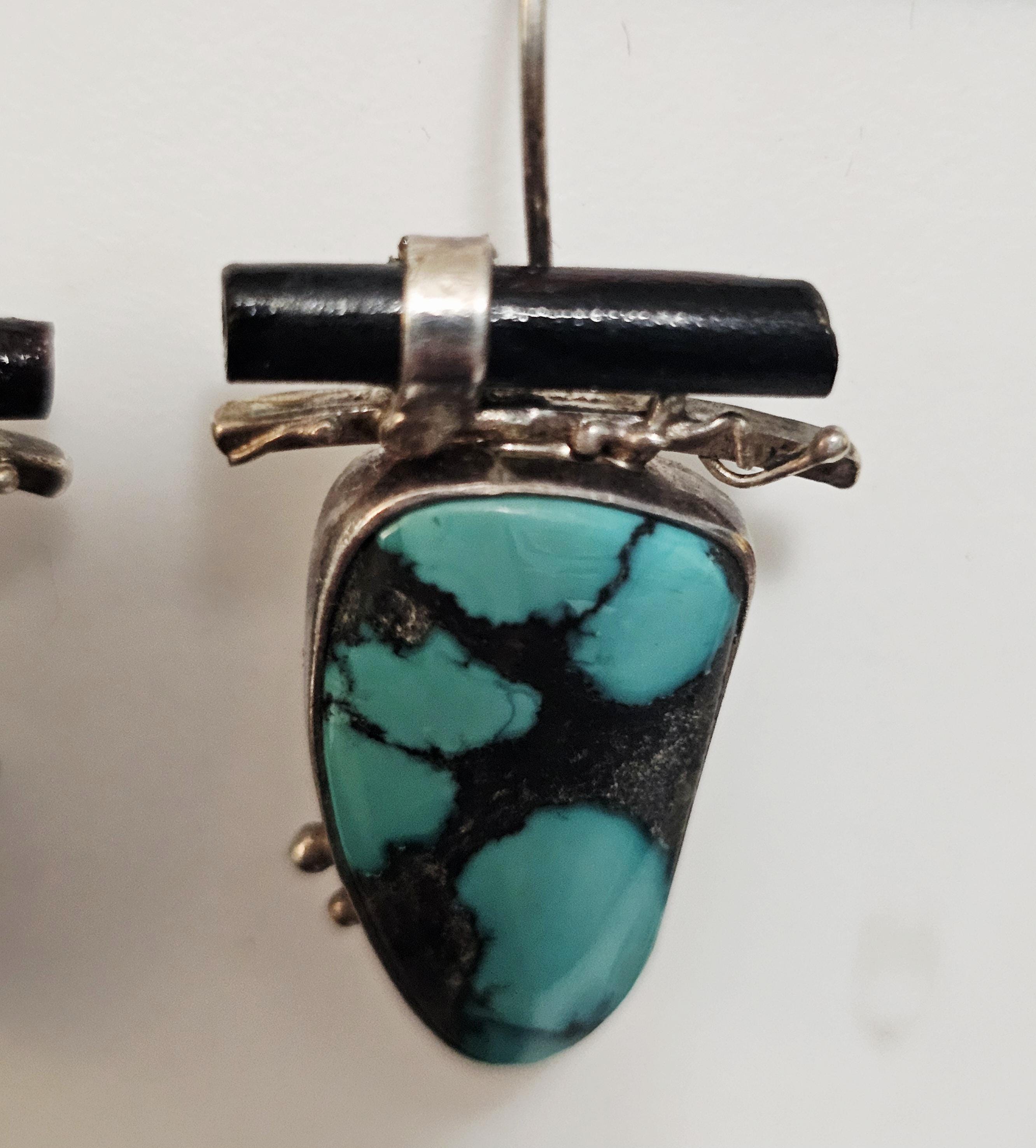 Unique Artisan Made Vintage Silver Turquoise Earrings Native Old Pawn. # JE 612