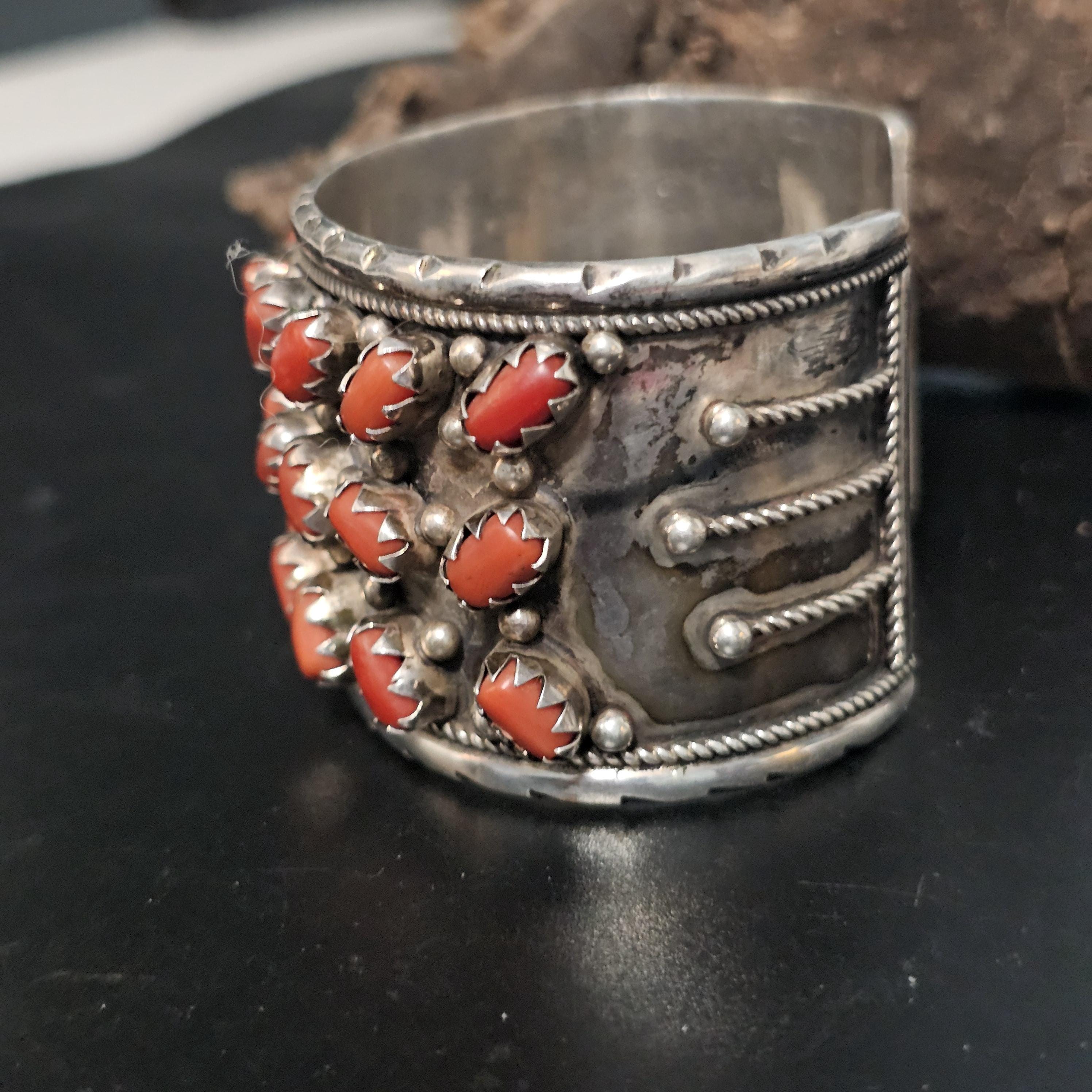Handsome Coral and Silver Vintage Cuff Bracelet Native American fits a 7" wrist. JB 169
