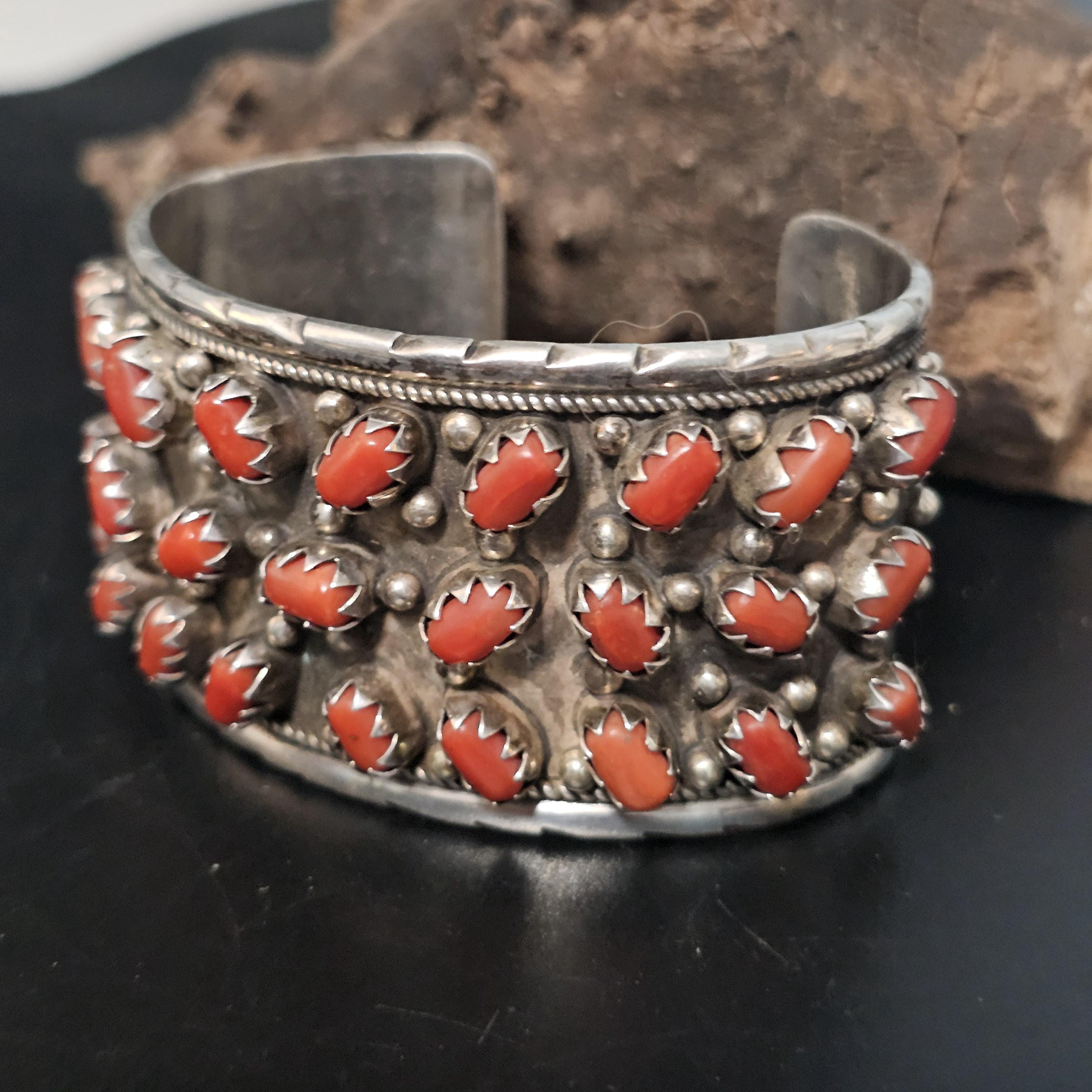 Handsome Coral and Silver Vintage Cuff Bracelet Native American fits a 7" wrist. JB 169