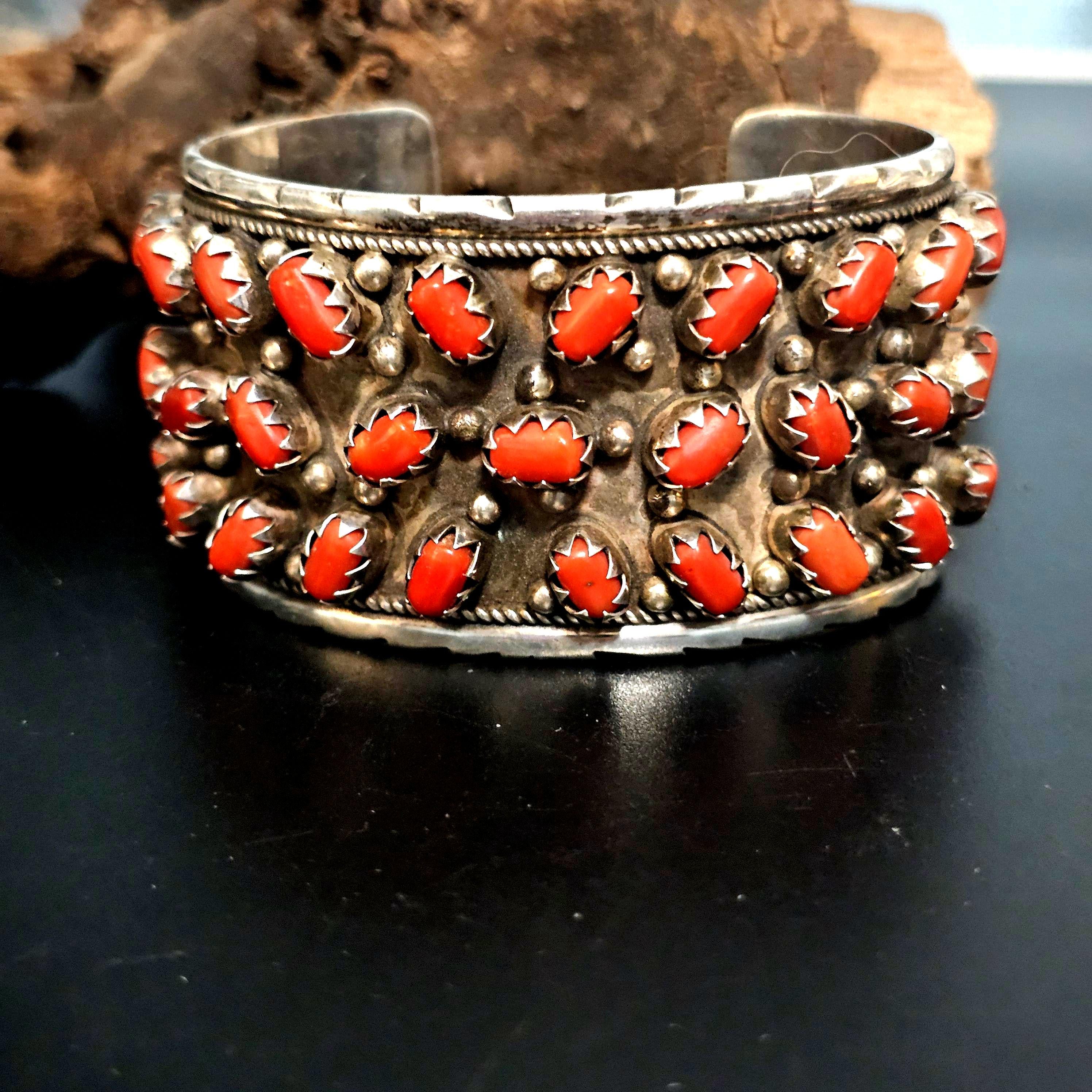 Handsome Coral and Silver Vintage Cuff Bracelet Native American fits a 7" wrist. JB 169
