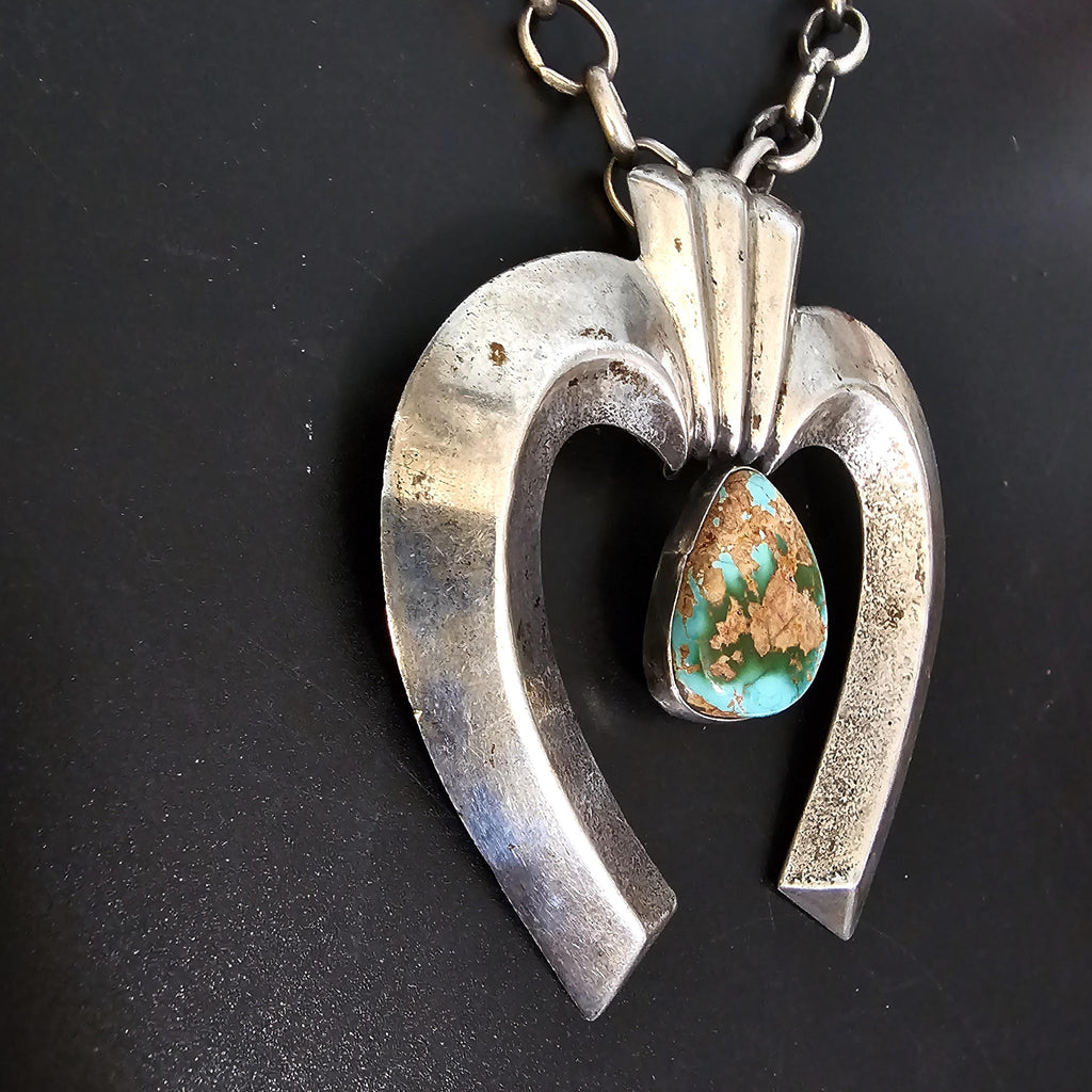 Turquoise and Cast Silver Naja Vintage Silver Chain Old Pawn JN 771