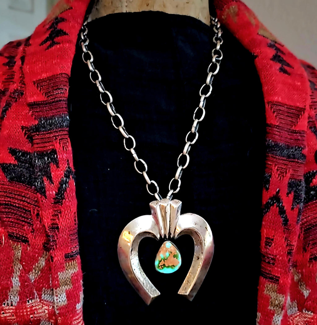 Turquoise and Cast Silver Naja Vintage Silver Chain Old Pawn JN 771