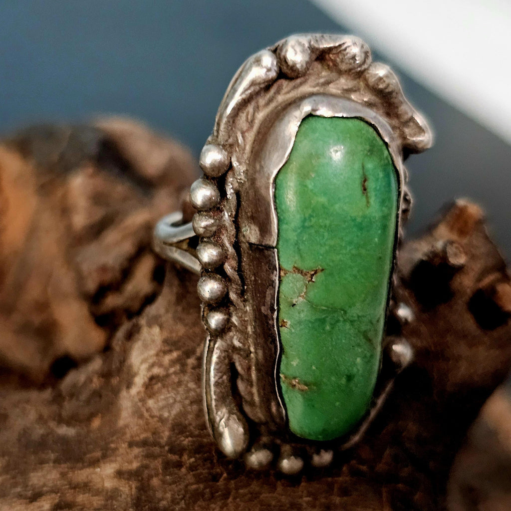 Green Cerillos Turquoise Vintage Native Ring Old Pawn Size 6 JR 13