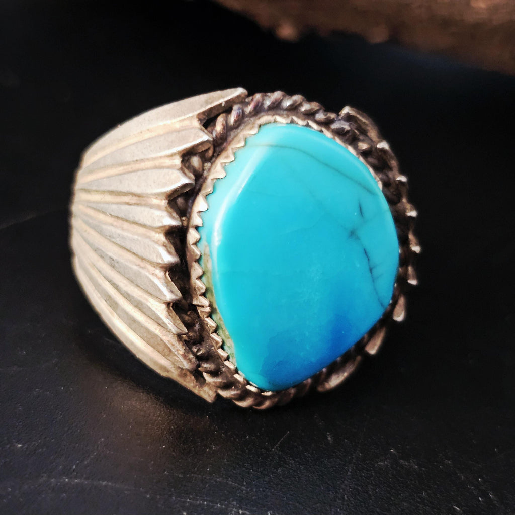 Blue Turquoise Silver Wings Vintage Sterling Native Man Ring Size 13 Old Pawn JR 427