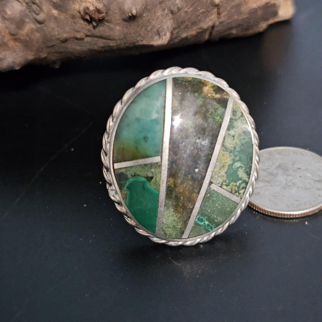 Inlay Green Turquoise Vintage Statement Ring Sterling Native Size 9 Old Pawn JR 417