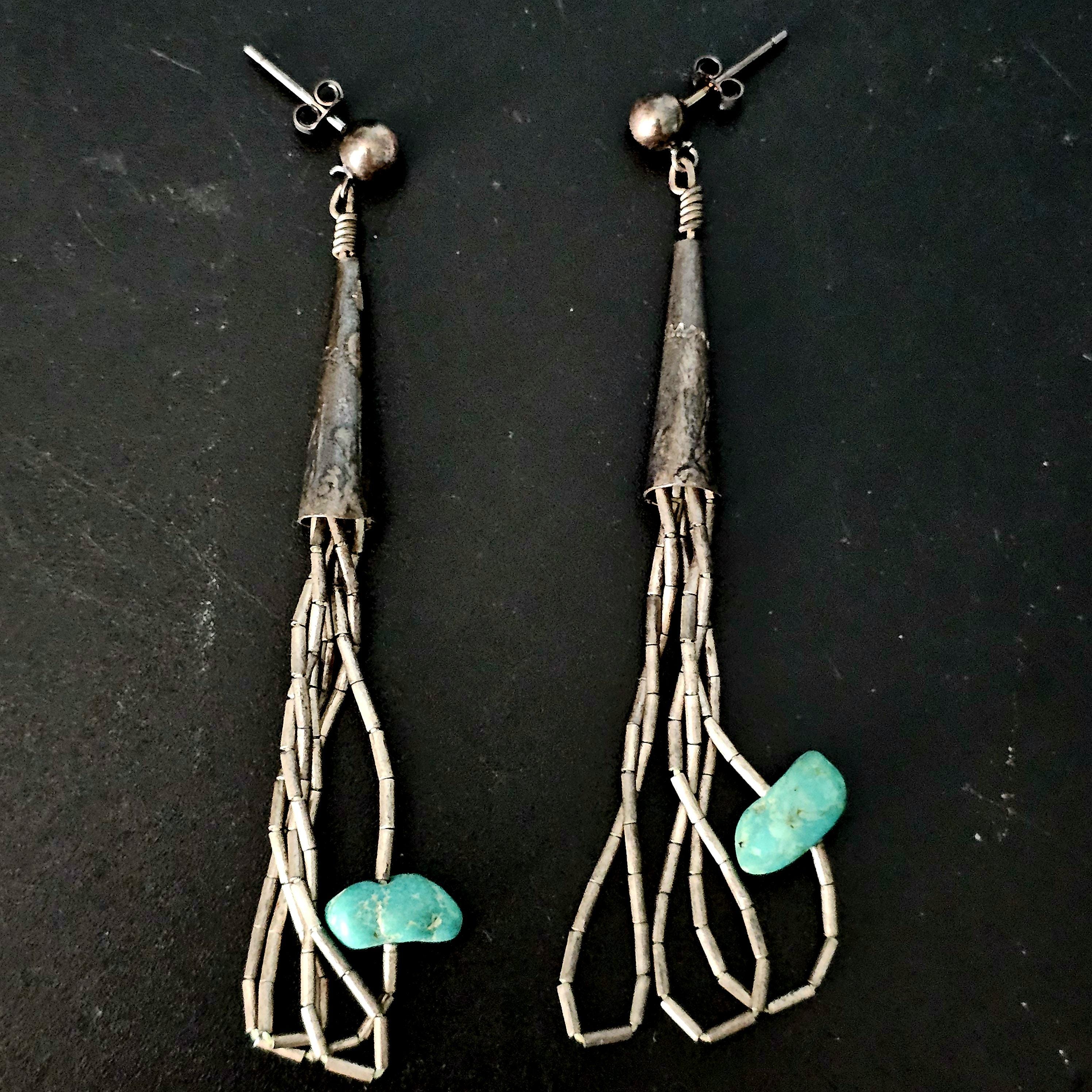 Silver Rain & Turquoise Vintage  Dangle Earrings Native Old Pawn. # JE 616