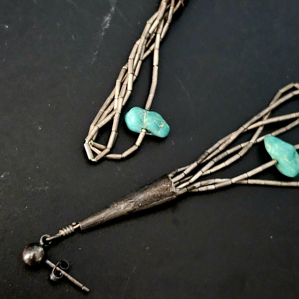 Silver Rain & Turquoise Vintage  Dangle Earrings Native Old Pawn. # JE 616