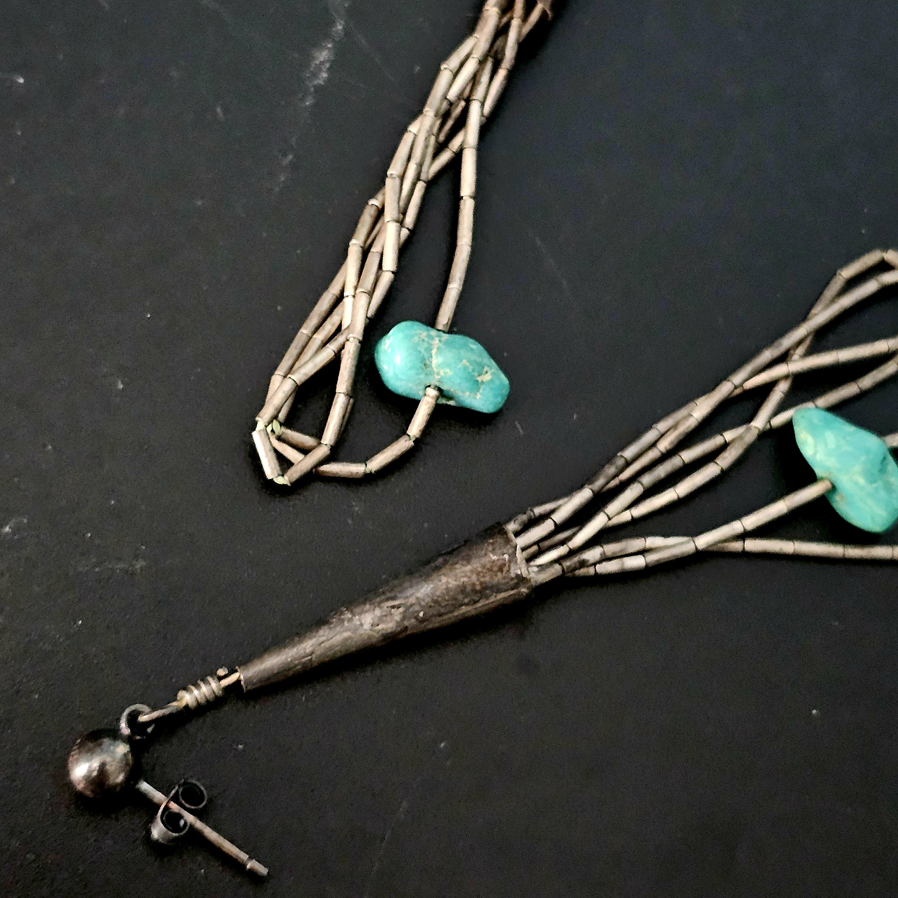Silver Rain & Turquoise Vintage  Dangle Earrings Native Old Pawn. # JE 616