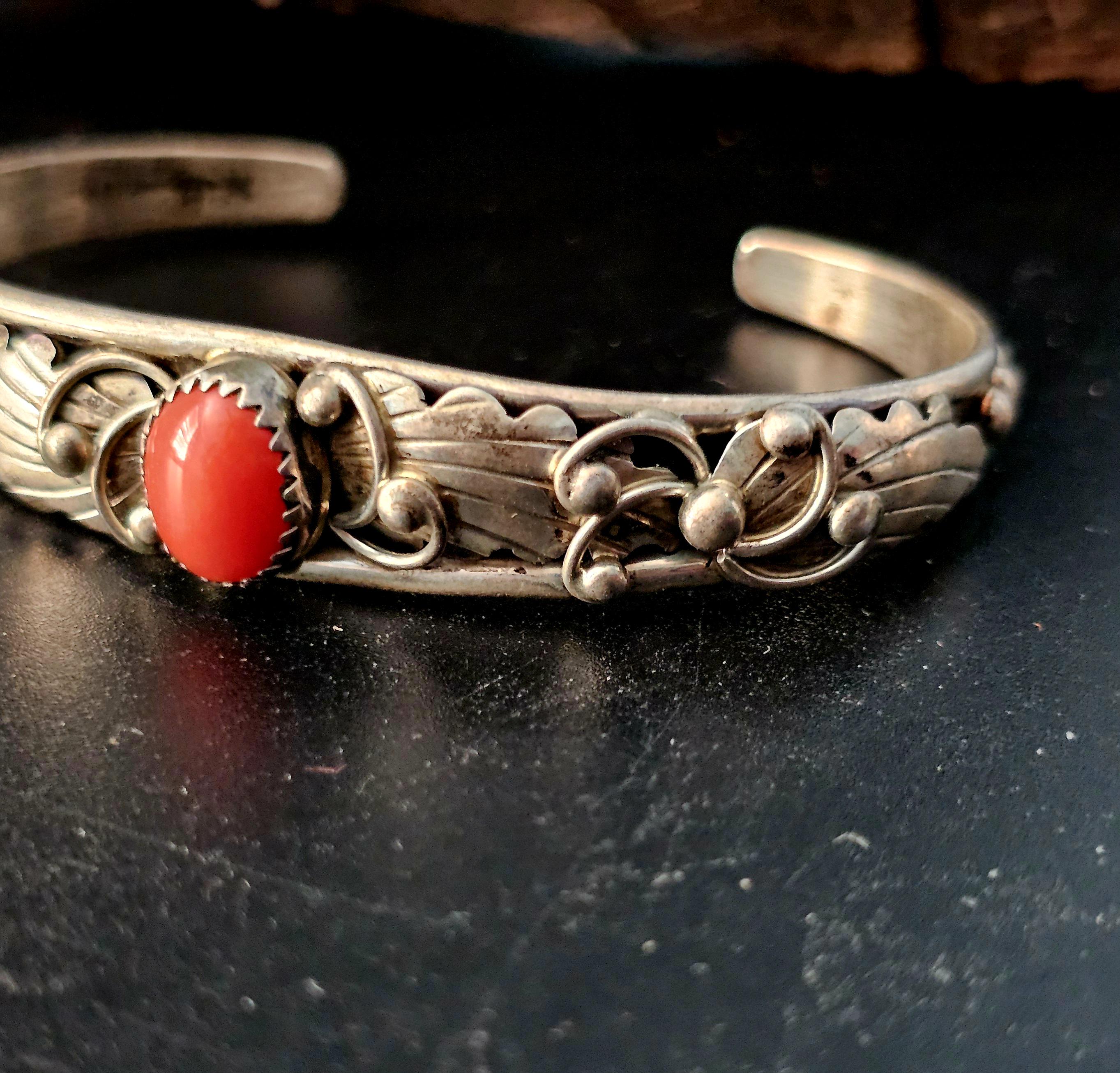 Silver Coral Vintage Cuff Bracelet Native American fits a 6 1/4" wrist. JB 211