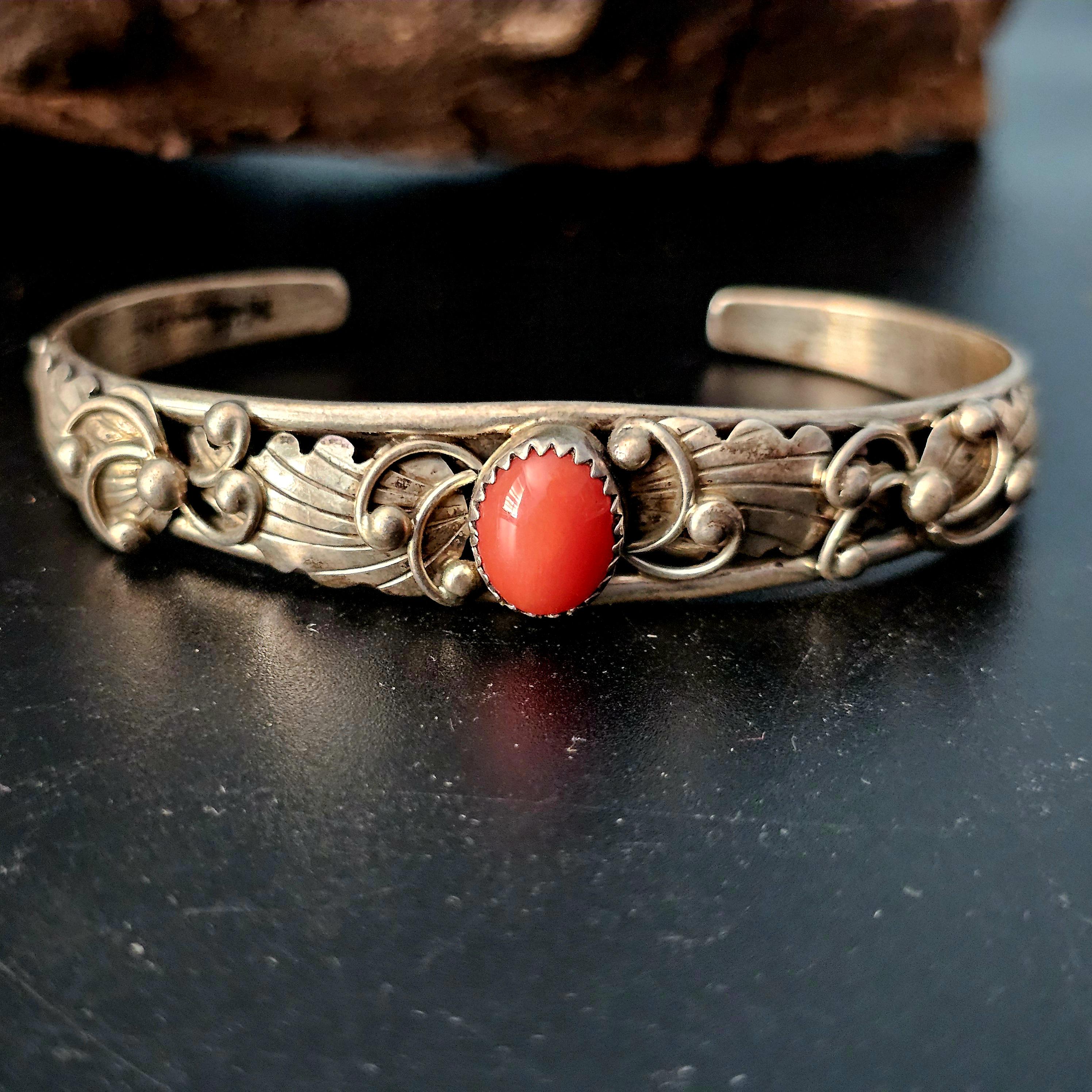 Silver Coral Vintage Cuff Bracelet Native American fits a 6 1/4" wrist. JB 211