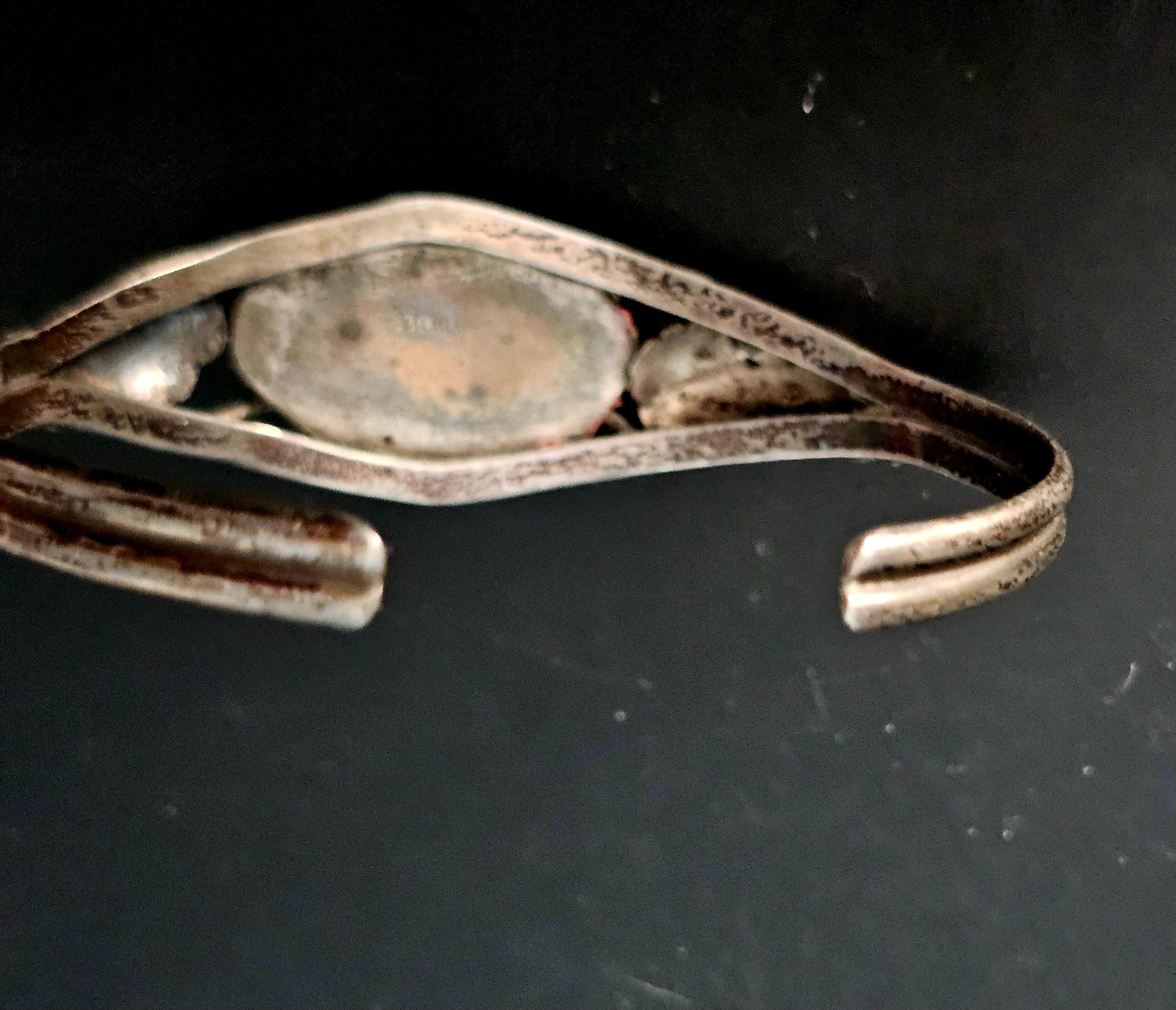 Coral and Silver Vintage Cuff Bracelet Native American fits a 6 1/4" wrist. JB 210