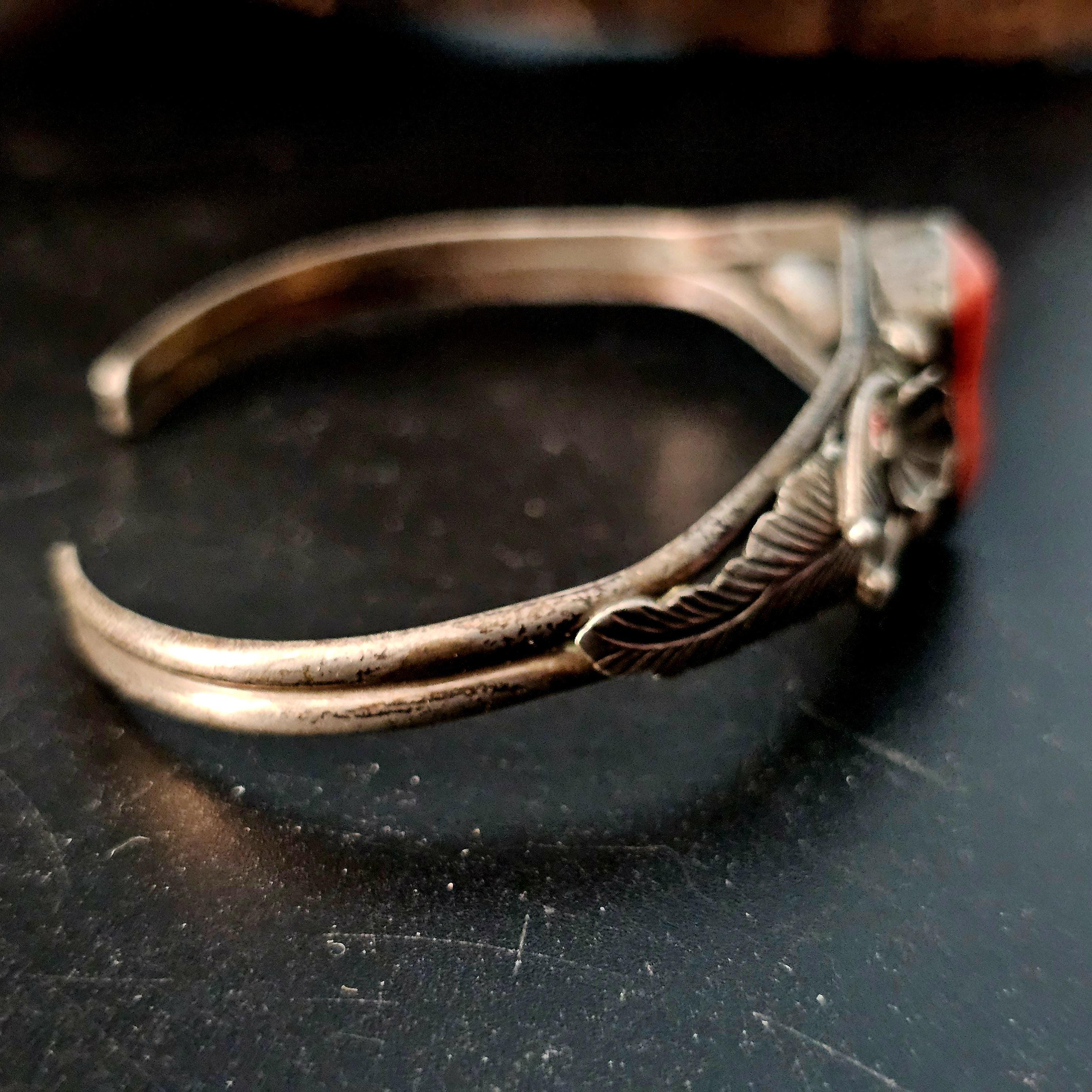 Coral and Silver Vintage Cuff Bracelet Native American fits a 6 1/4" wrist. JB 210