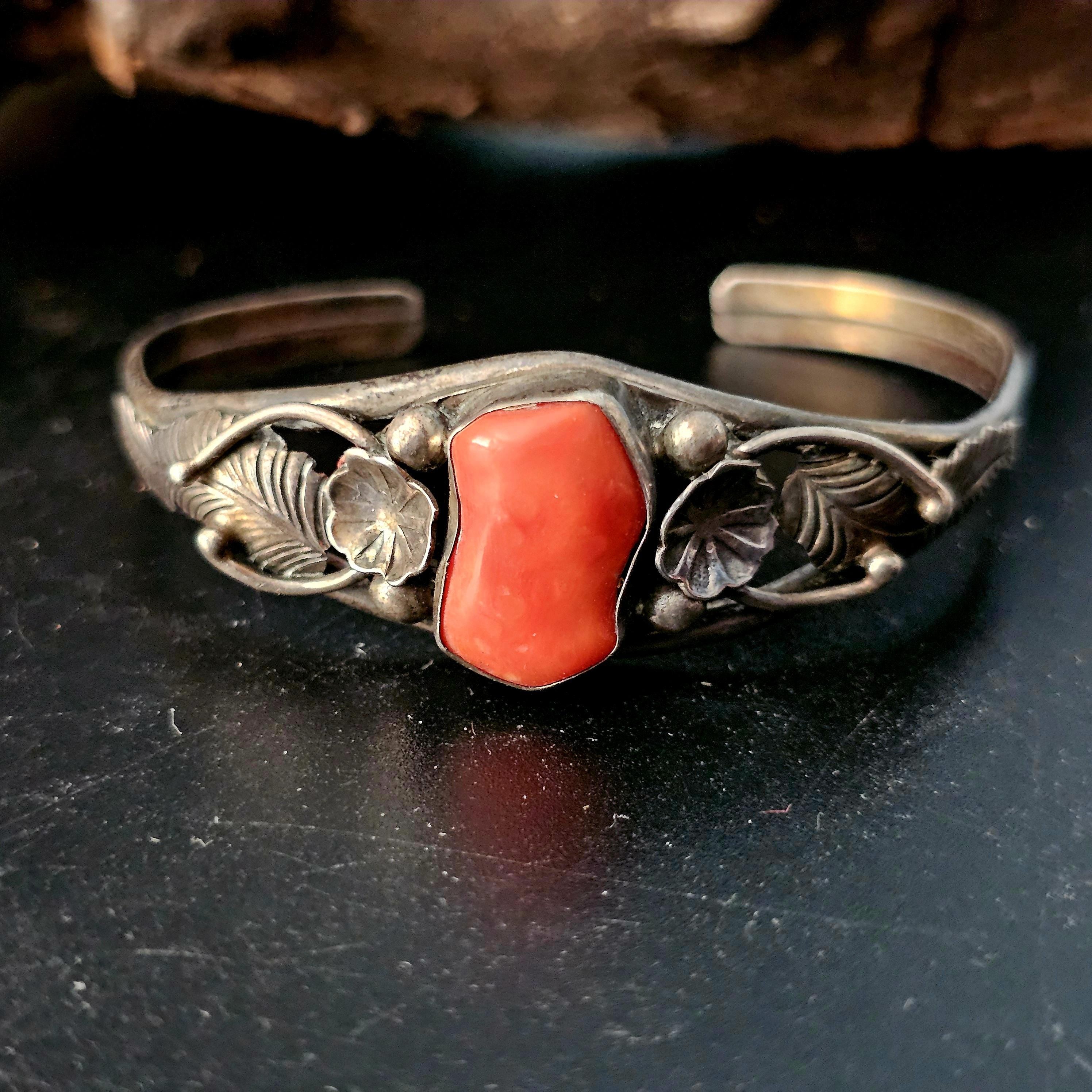 Coral and Silver Vintage Cuff Bracelet Native American fits a 6 1/4" wrist. JB 210