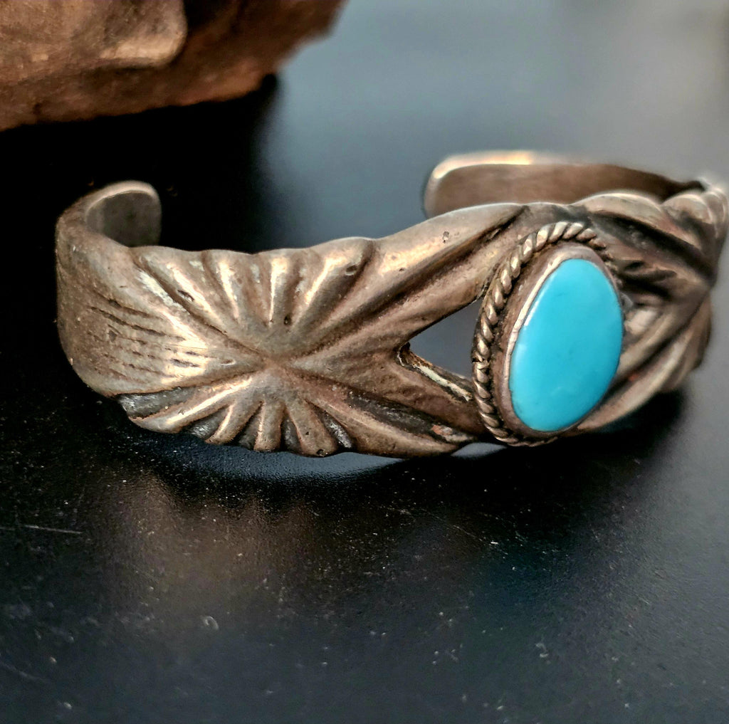 Cast Silver Cuff with Turquoise Sterling Old Pawn fits 6 1/2" wrist. JB 214