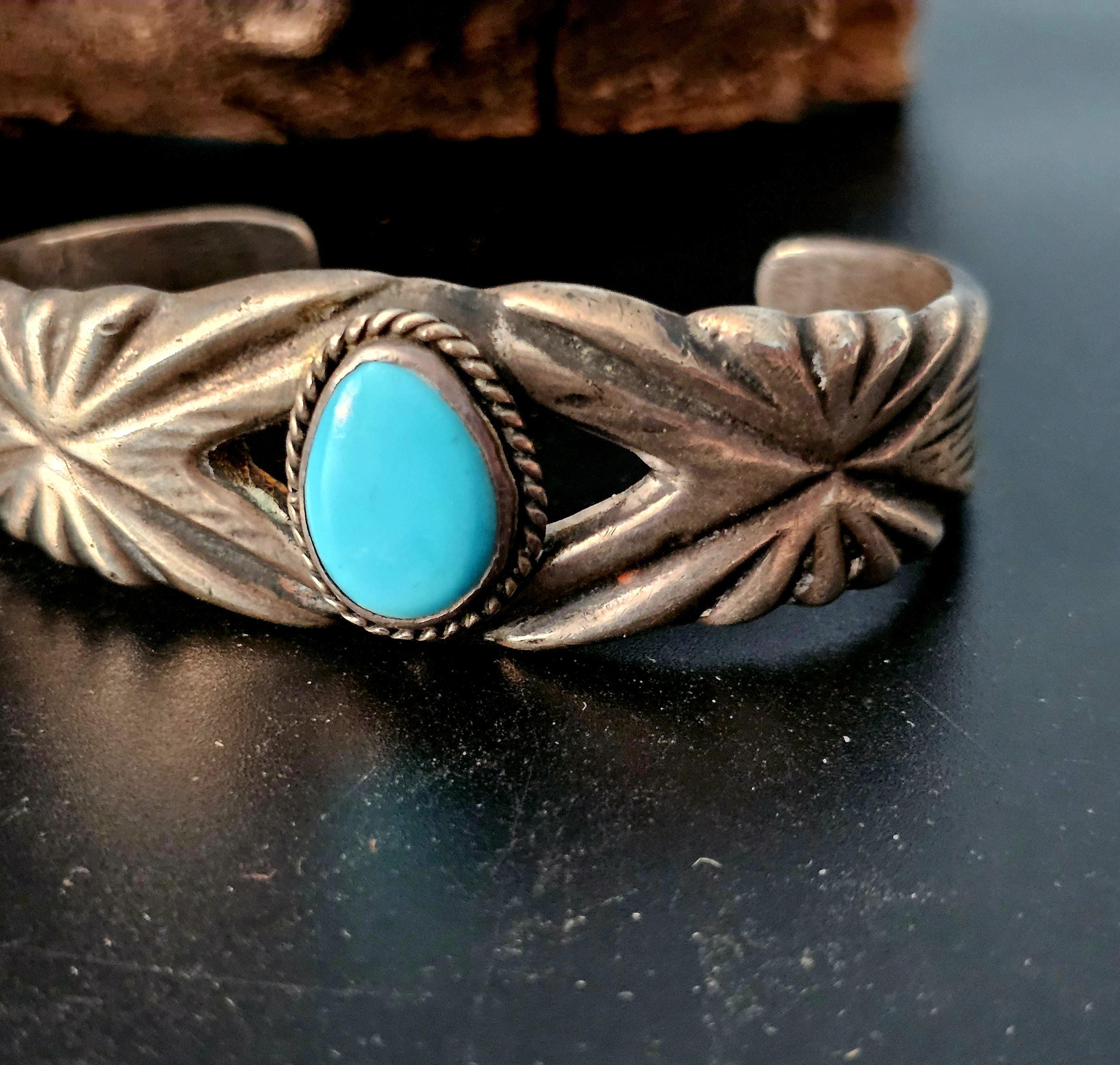 Cast Silver Cuff with Turquoise Sterling Old Pawn fits 6 1/2" wrist. JB 214