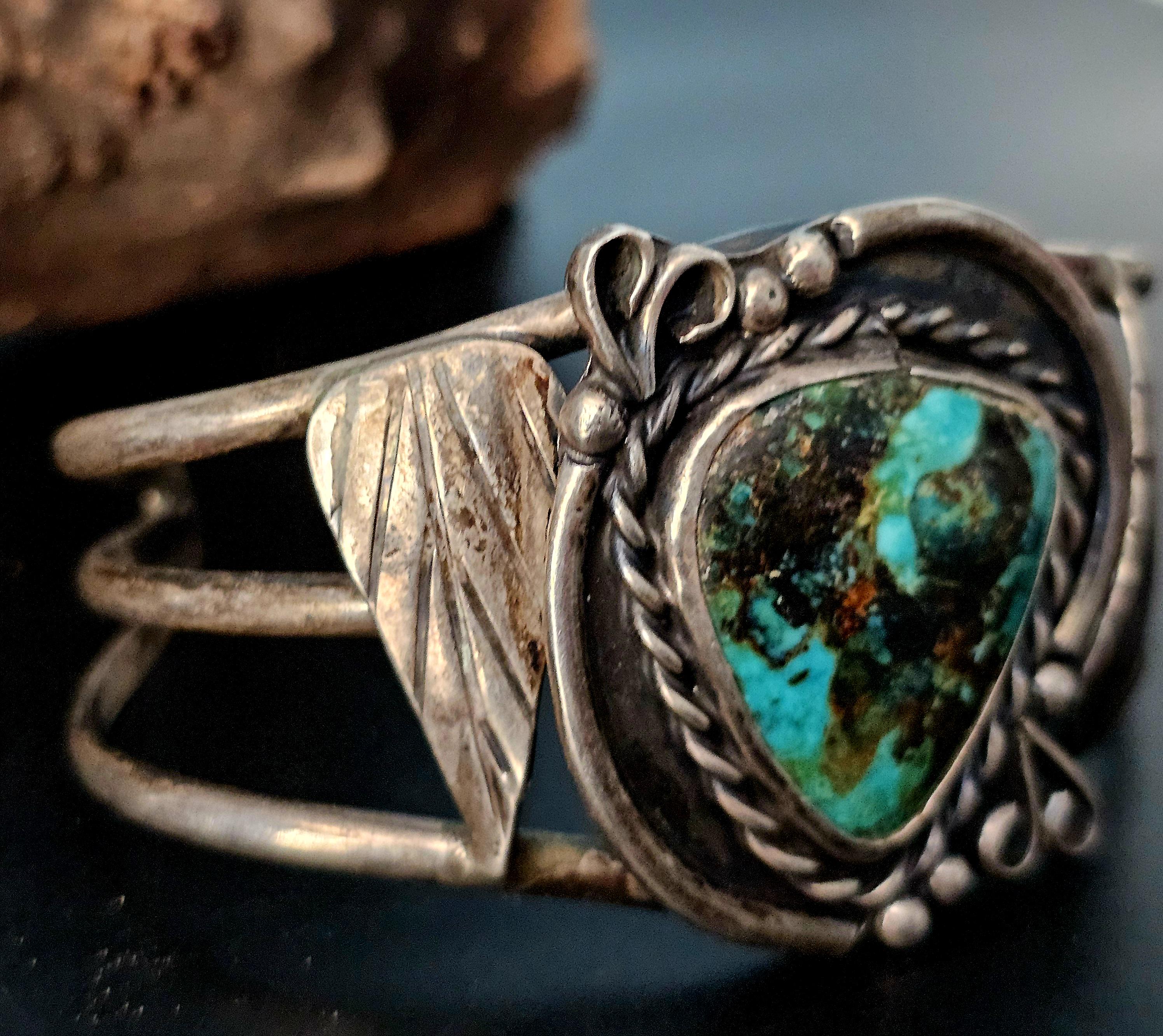 Dramatic Matrix on this Turquoise Sterling Old Pawn cuff fits 6 3/4" wrist. JB 215
