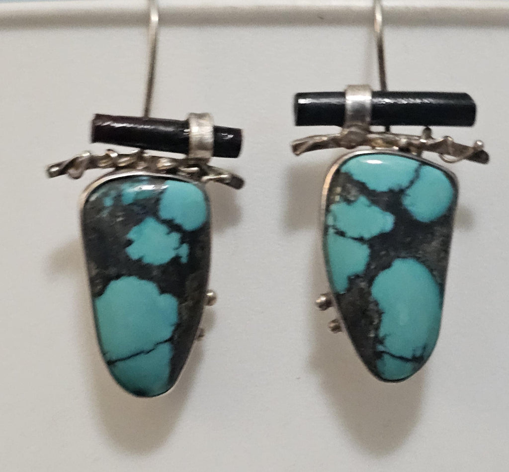 Unique Artisan Made Vintage Silver Turquoise Earrings Native Old Pawn. # JE 612